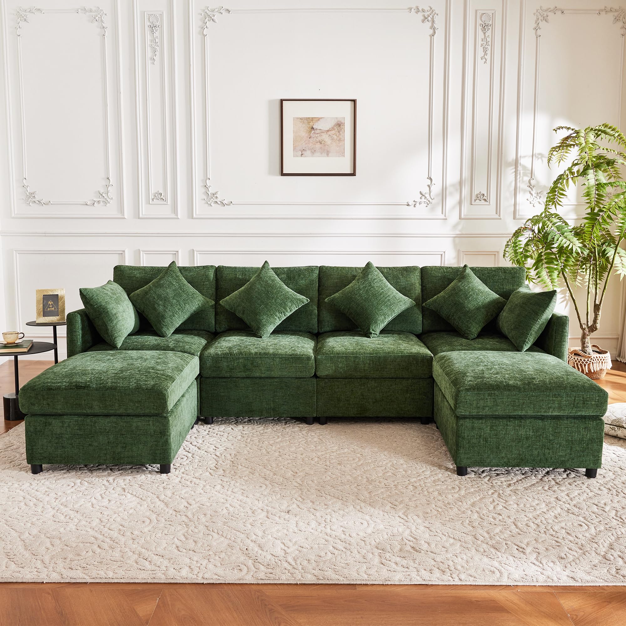 Yihomfy 278 cm canape Dangle Convertible,canapé d'angle Convertible, canapé modulable en U/L,canape modulable avec 2 poufs,6 Coussins, Chenille canapé 6 Places canapé panoramique,Vert