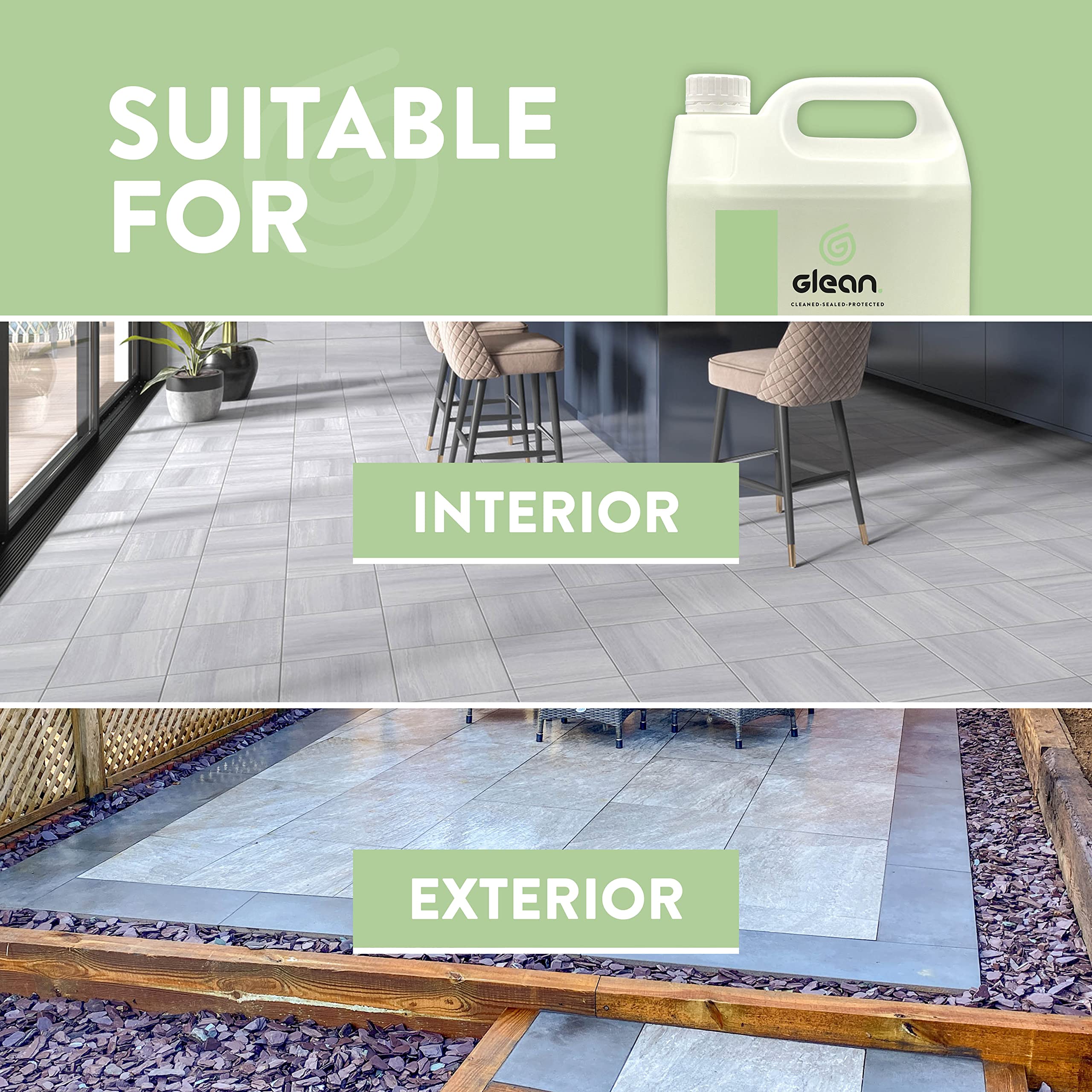 GLEAN Sellador antimanchas para patios | Sellador impregnante base agua | Patios y suelos de piedra natural | Protege contra aceite, grasa, suciedad, cal y manchas de agua | Acabado natural | 5 Litros