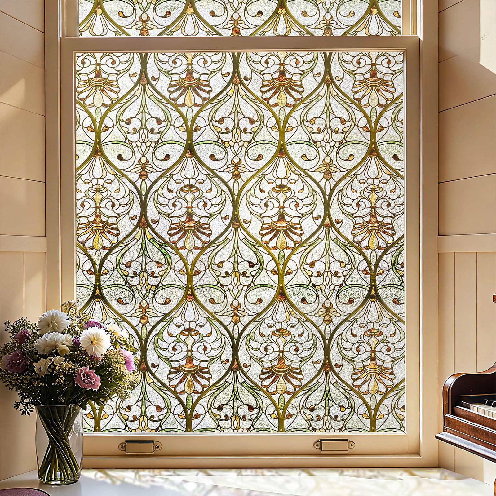 Window Film Privacy for Glass Windows, Window Privacy Film UV Blocking Static Cling for Home Kitchen Office Bathroom Honeysuckle Melody44X120CM