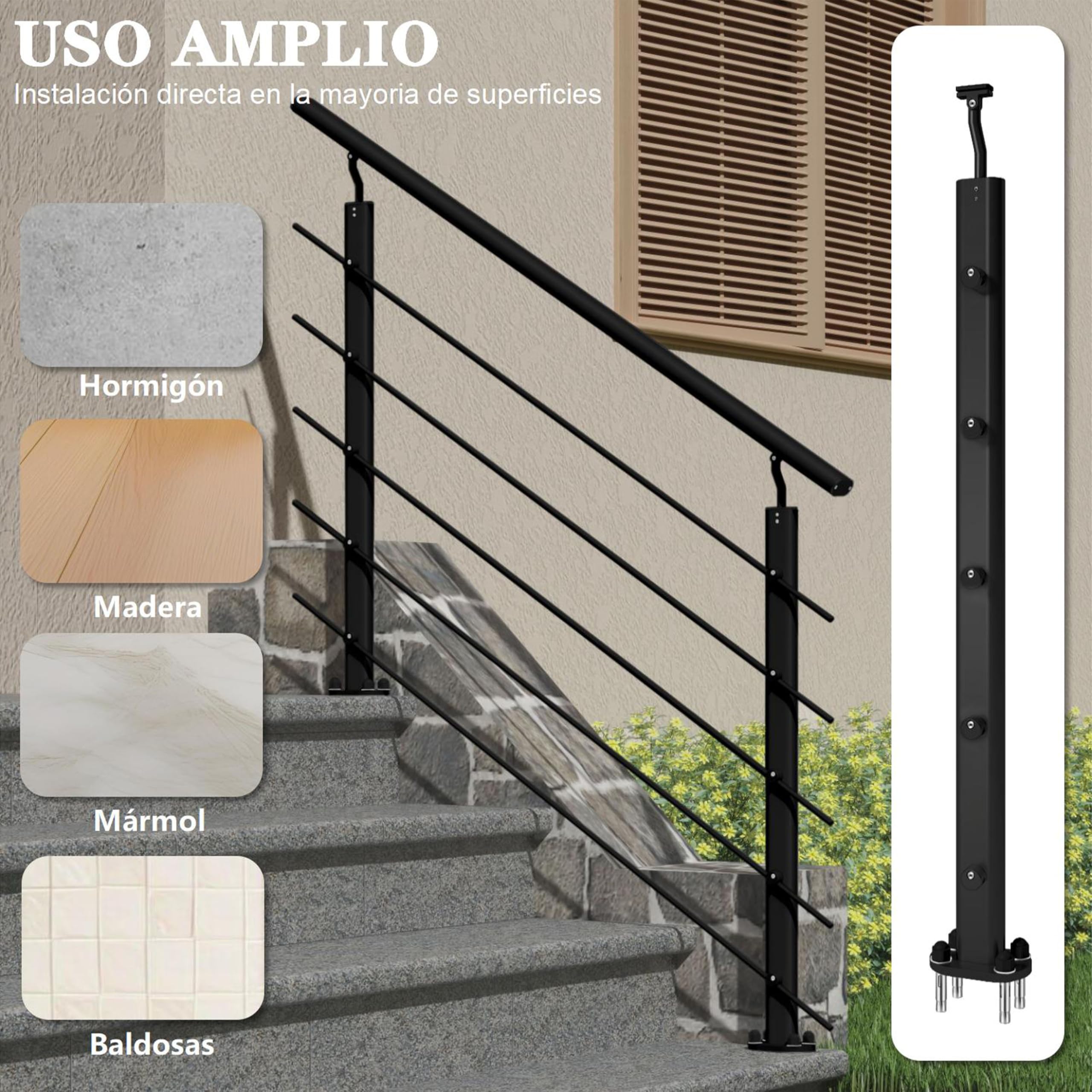 AICA 300x100cm Barandillas de aluminio, Barandilla de escalera, Ángulo de montaje ajustable, uso interior y exterior - Negro mate - fijaciones al suelo