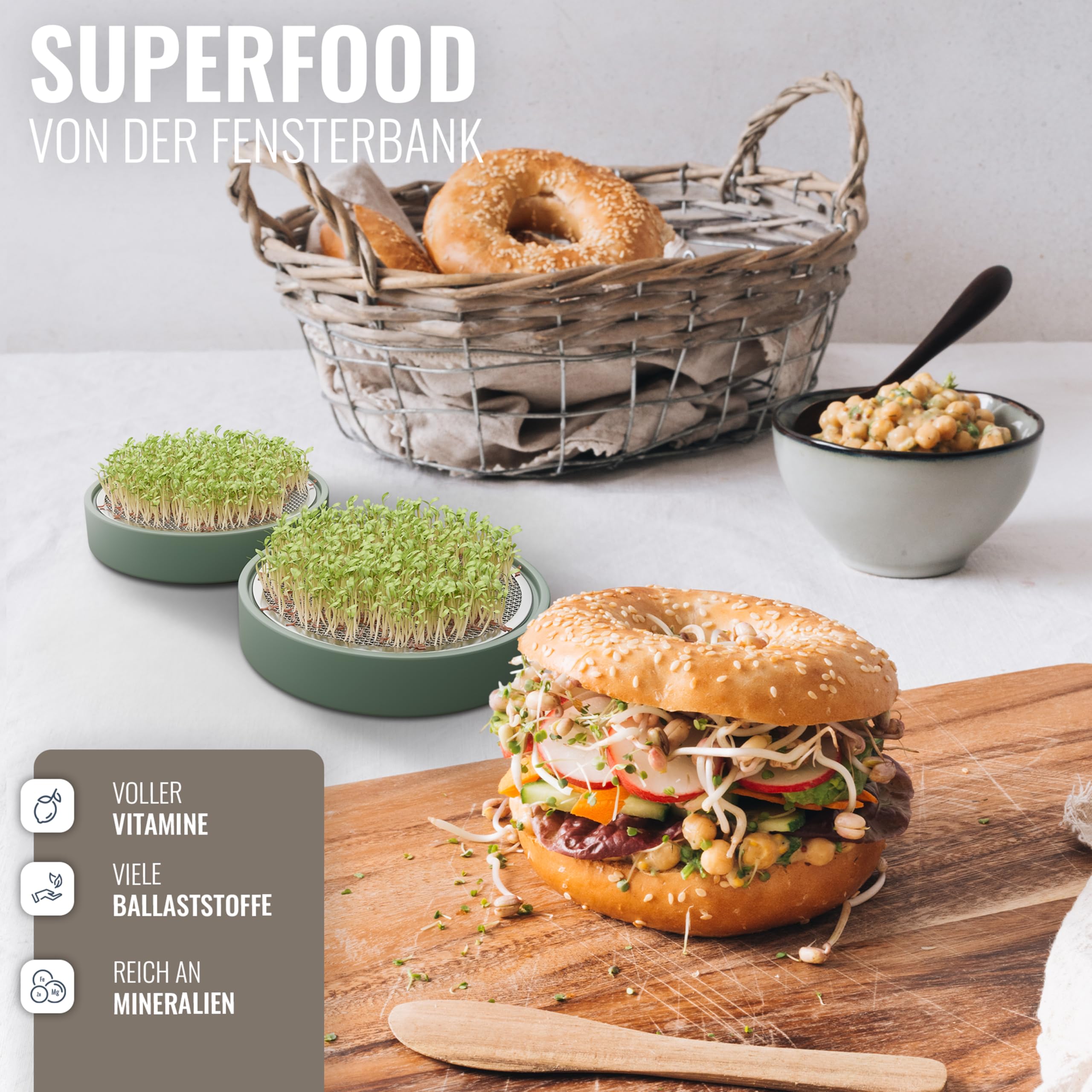seed&eat Kressesieb (13cm) - 2er Set, Anzuchtschale für Kresse & Microgreens, mit Sprossenheft [E-Book], Keramikschale + Edelstahlsieb
