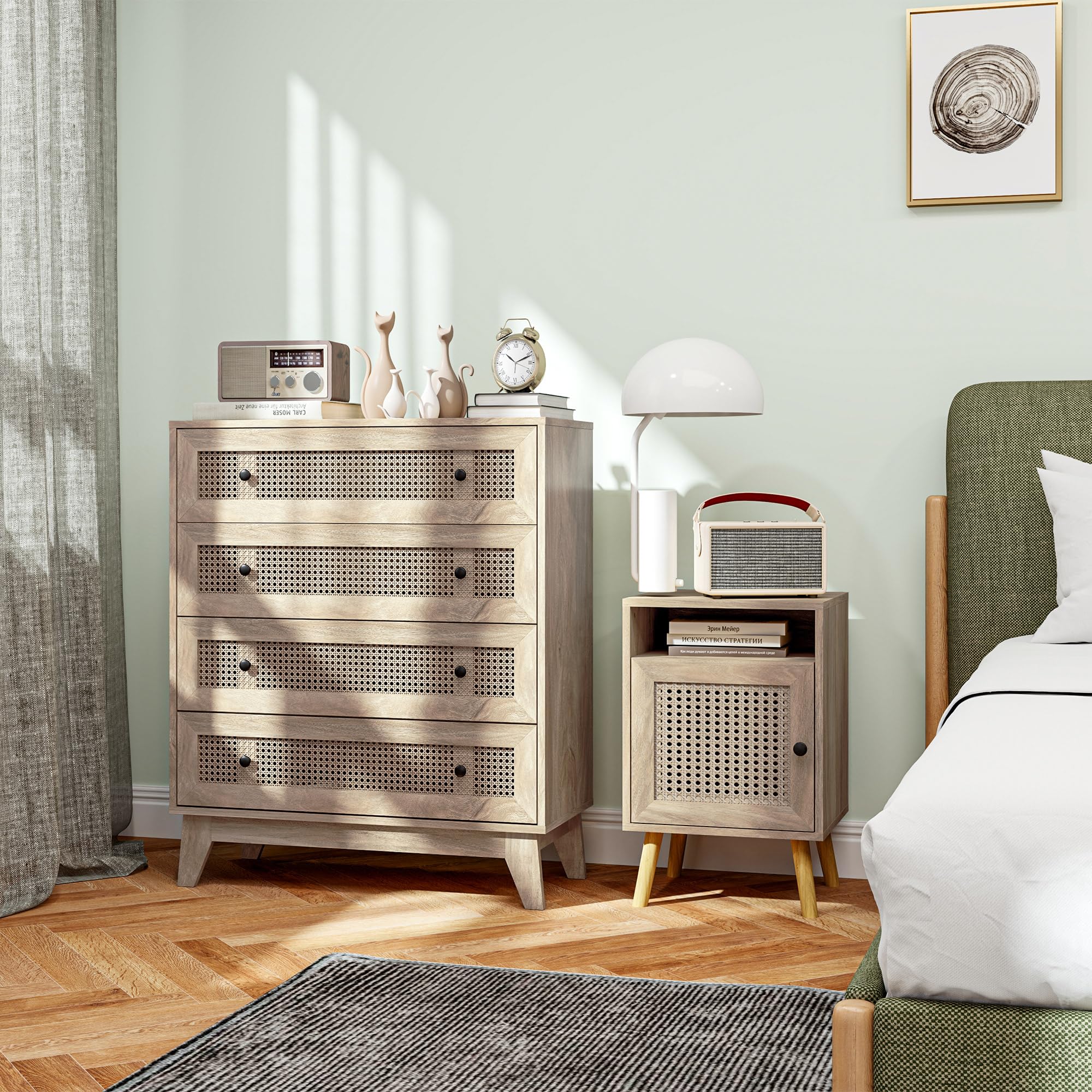 HOMCOM Commode 4 Tiroirs 80 x 35 x 95 cm Aspect Bois Clair | Meuble de Rangement avec Cannage en Rotin