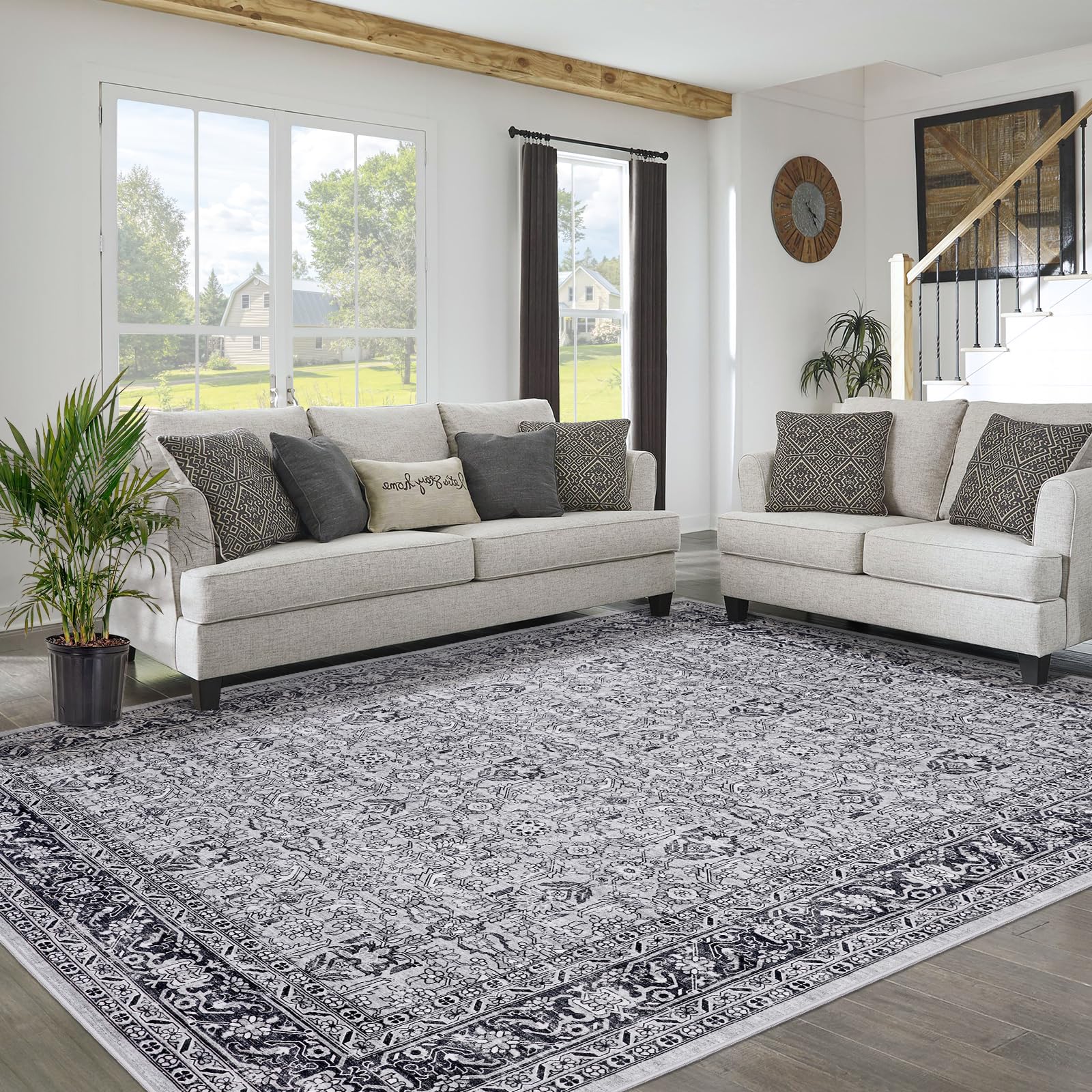 Photo 1 of Area Rugs for Living Room Bedroom: 8x10 Rug Machine Washable with Non-Slip Backing Non-Shedding Stain Resistant, Boho Floral Large Carpet for Dining Room Nursery Home Office Indoor Decor (Gray) 8x10ft Grey