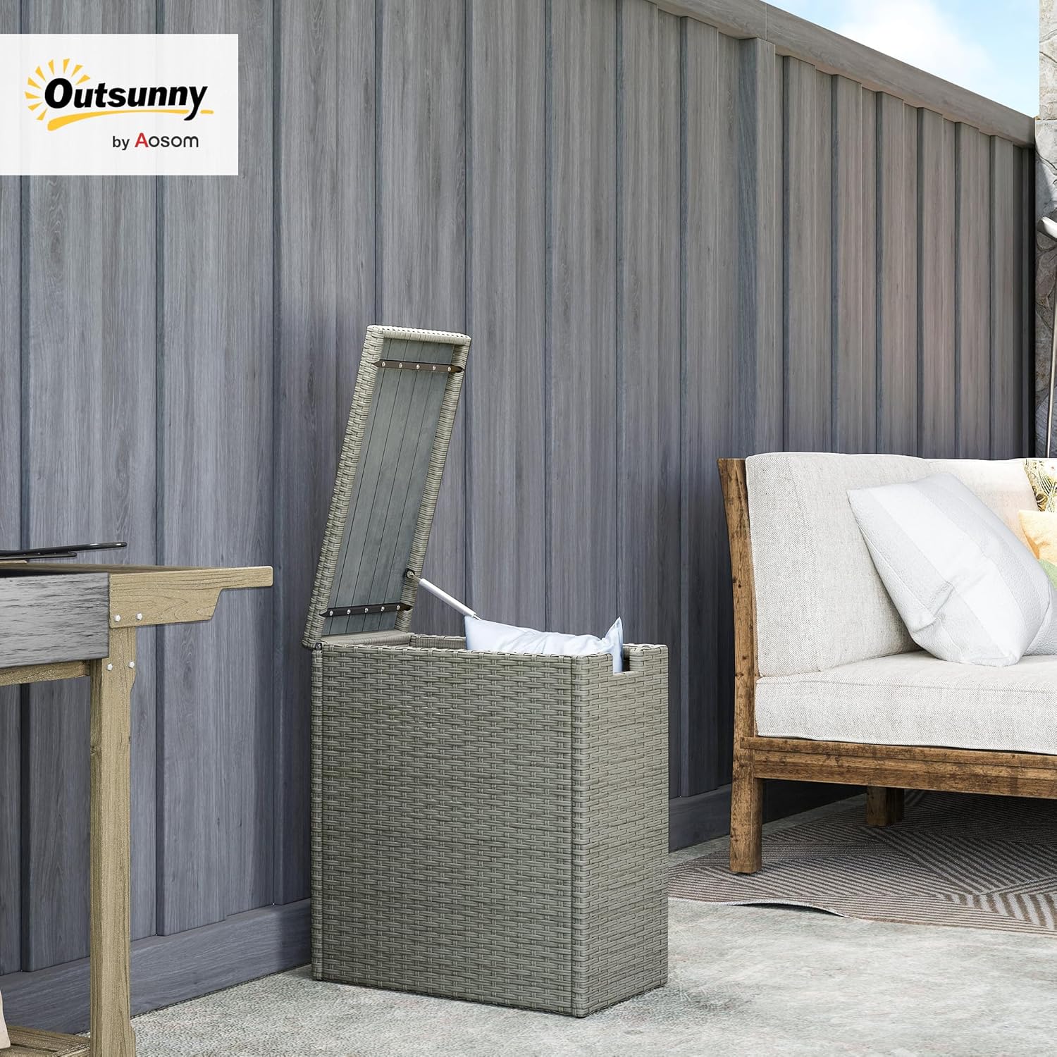 Outsunny 17 Gallon Wicker Small Deck Box, PE Rattan Outdoor Storage Box with Slatted Acacia Wood Flip Top for Indoor, Patio Furniture Cushions, Pool Supplies, Garden Tools, UV Resistant, Gray