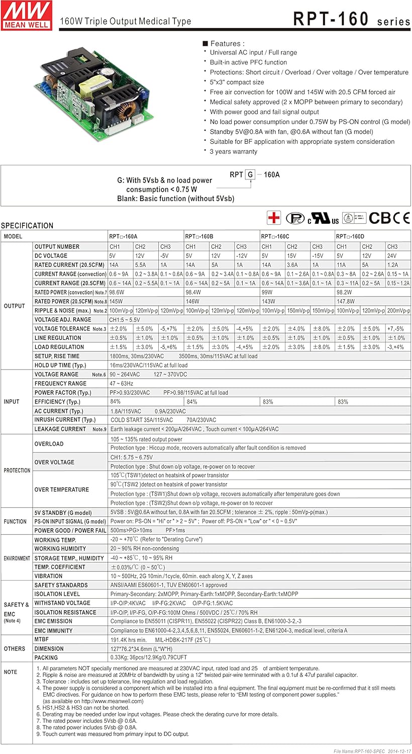 160W 信頼性の高いトリプル出力 メディカルグレード RPT-160C Mean Well AC-DC シングル