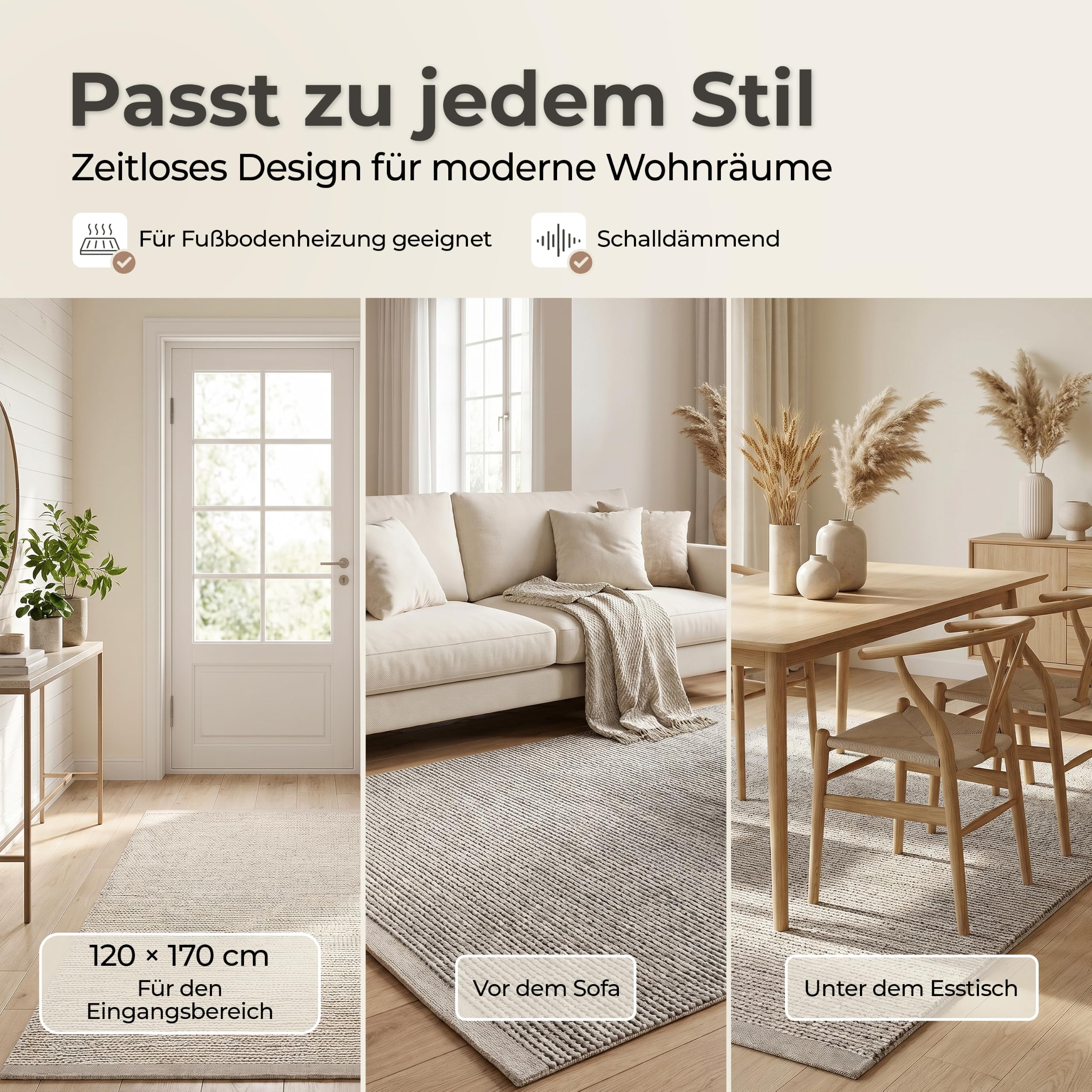 MY-RUG handgewebter Wollteppich 160 x 230 cm aus gewalkter Schurwolle | weicher Teppich aus Wolle | Wohnzimmerteppich, Naturteppich, Wendeteppich, robust & pflegeleicht | Roshni Beige Creme Grau