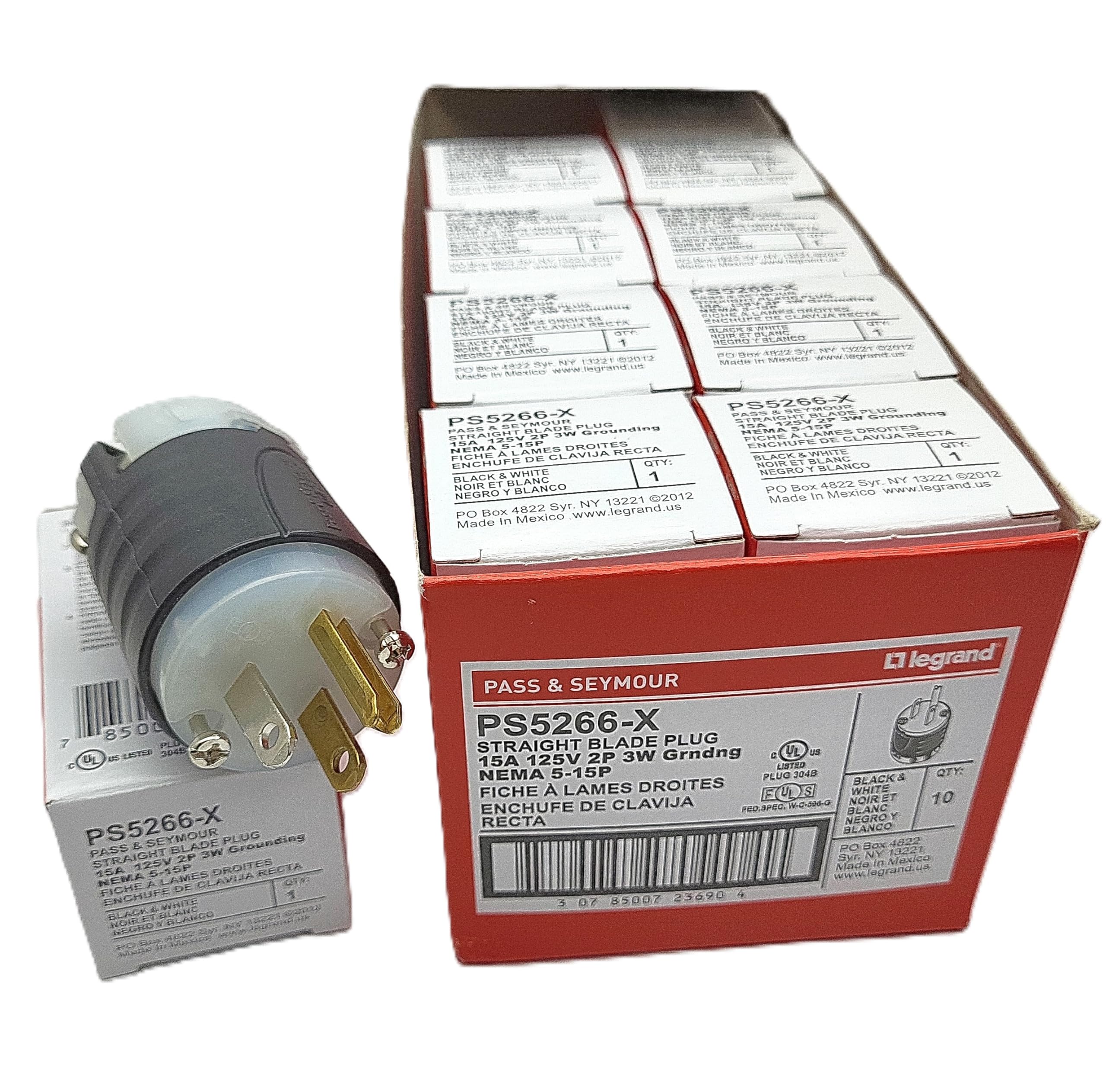 BOX OF 10) PASS & SEYMOUR PS5266-X 15A 125VAC MALE STRAIGHT BLADE