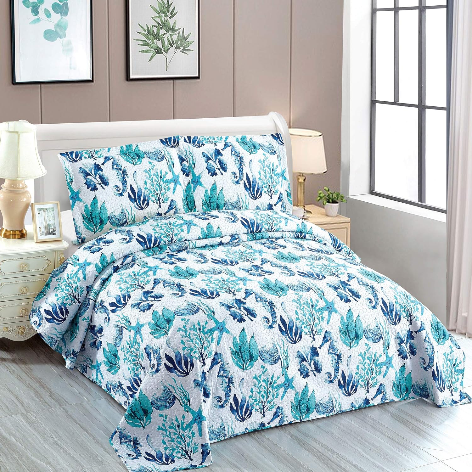 Coastal Bedding Set - Queen Size Reversible Quilts & Coverlet, Soft & Lightweight, Tropical Design, Aqua