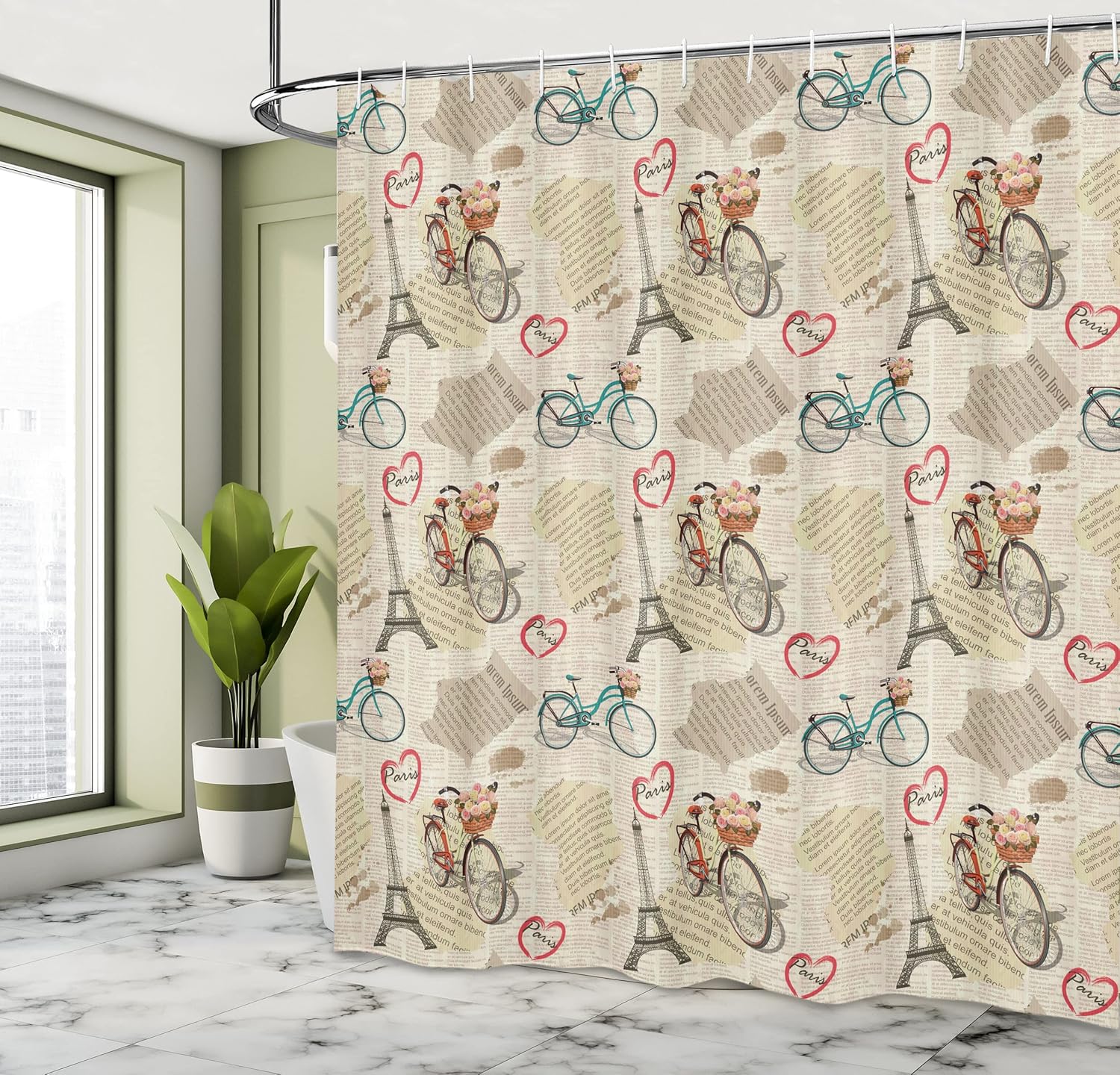 Ambesonne Romantic Shower Curtain, Newspaper Vintage Retro with Paris Lettering in Hearts Art Print, Cloth Fabric Bathroom Decor Set with Hooks, 69" W x 70" L, White Black
