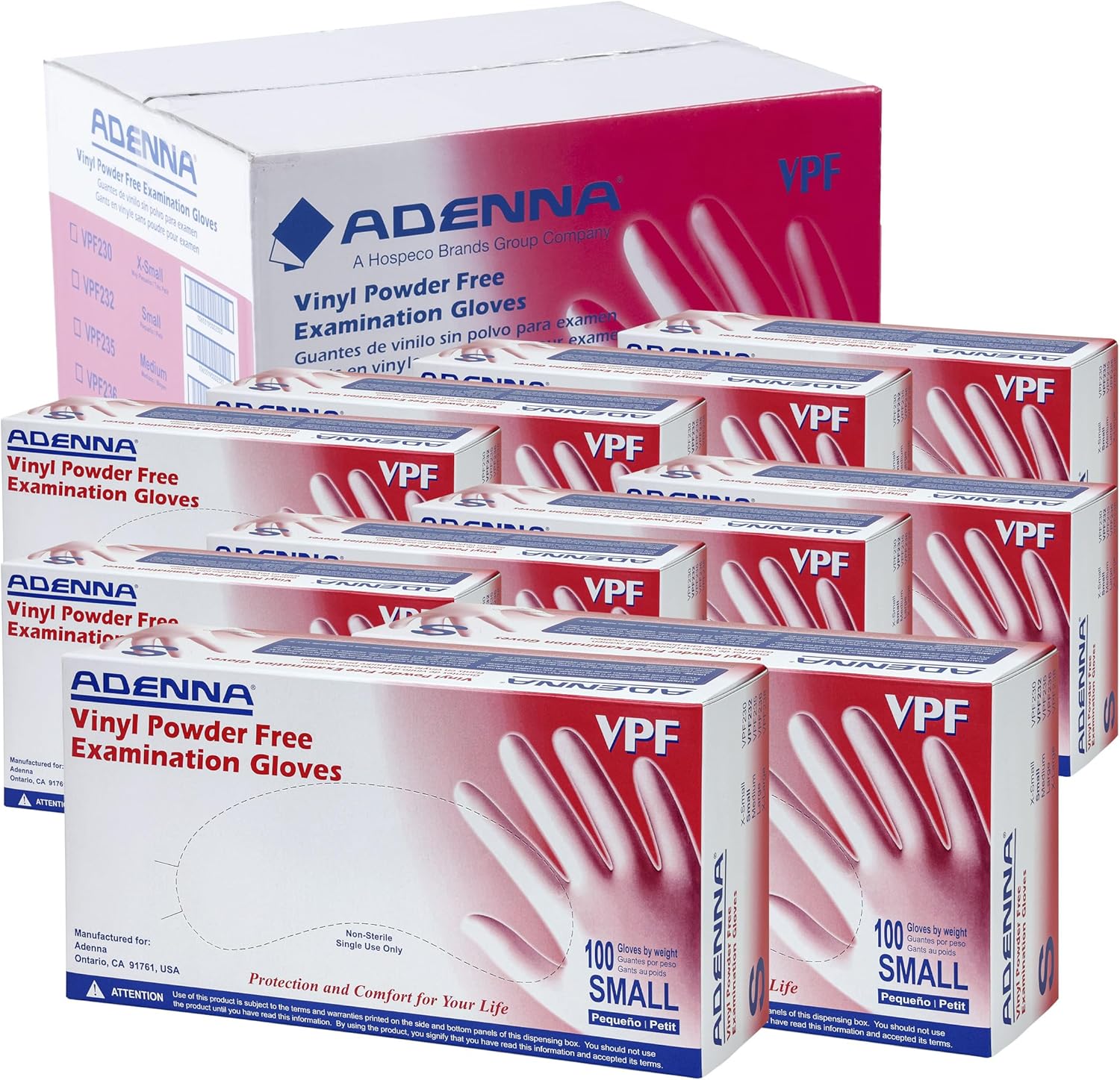 Adenna VPF 4-mil Vinyl Powder Free Exam Gloves, Clear, Small, Box of 100