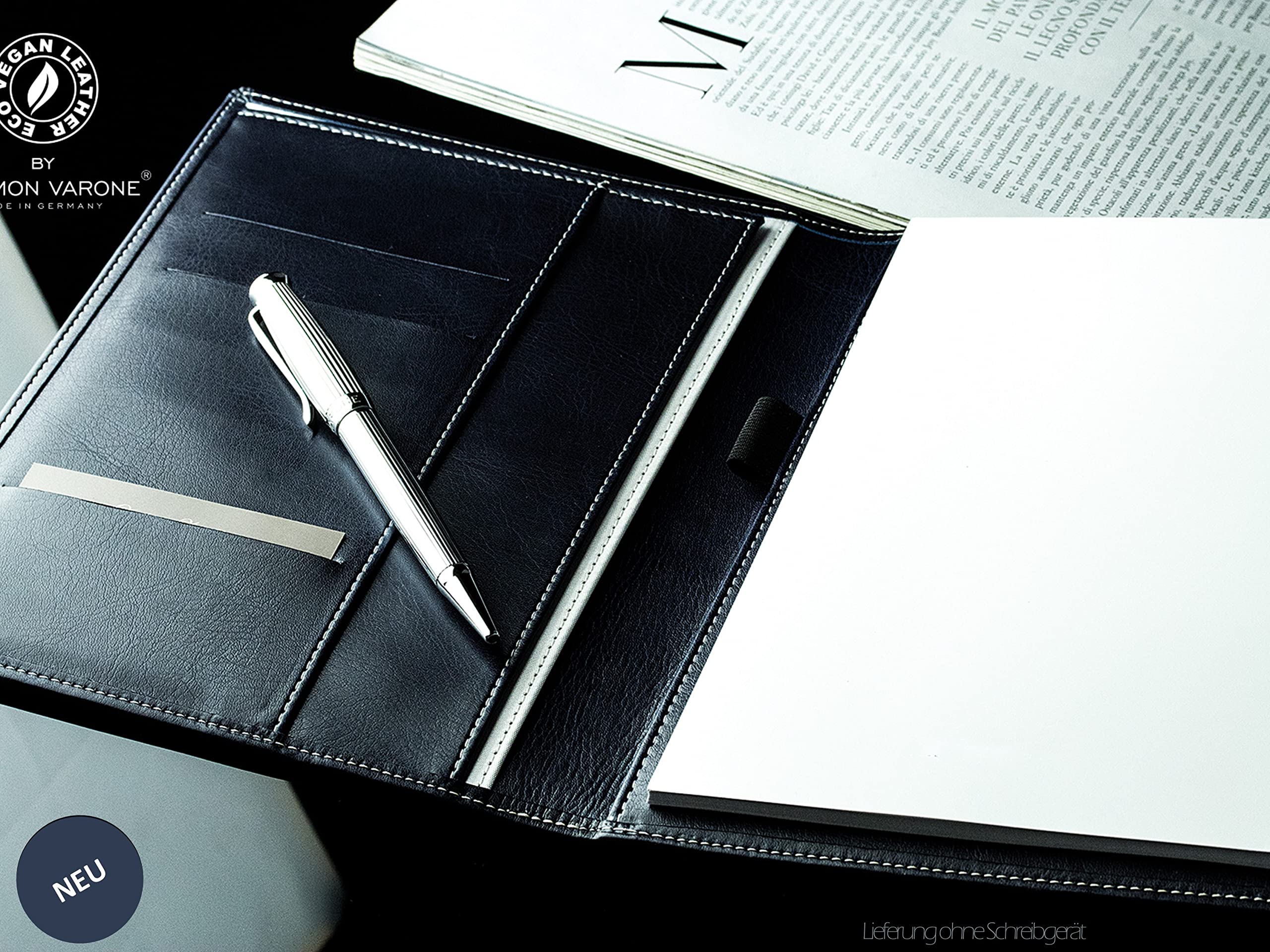 DELMON VARONE Porte-documents cuir synthétique DIN A5 Bleu Organiseur porte-stylo poche plaquée Dossier