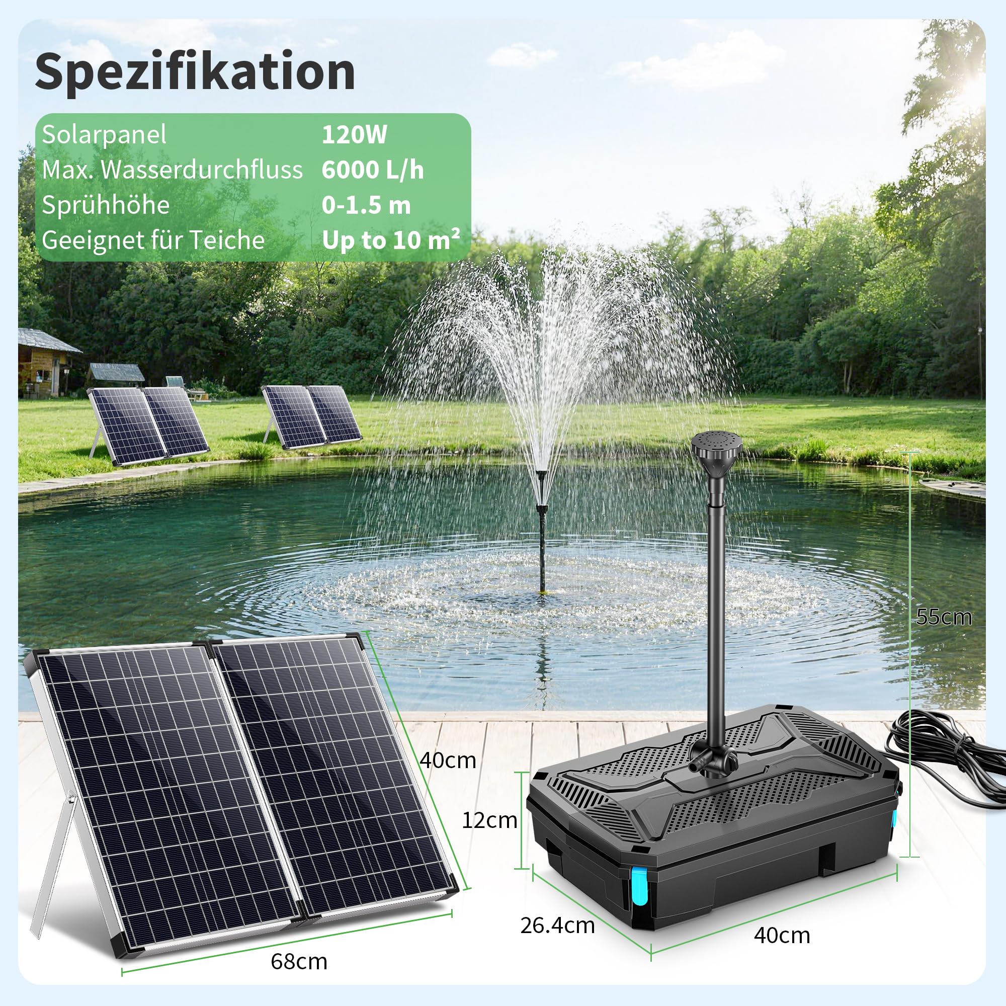 POPOSOAP Kit de Filtre Solaire pour Bassin et Pompe de Fontaine 120W, Pompe Submersible 6000L/h avec Filtration 4 Niveaux et 3 Buses pour Bassins Extérieurs, Aquariums, Cascades de Jardin