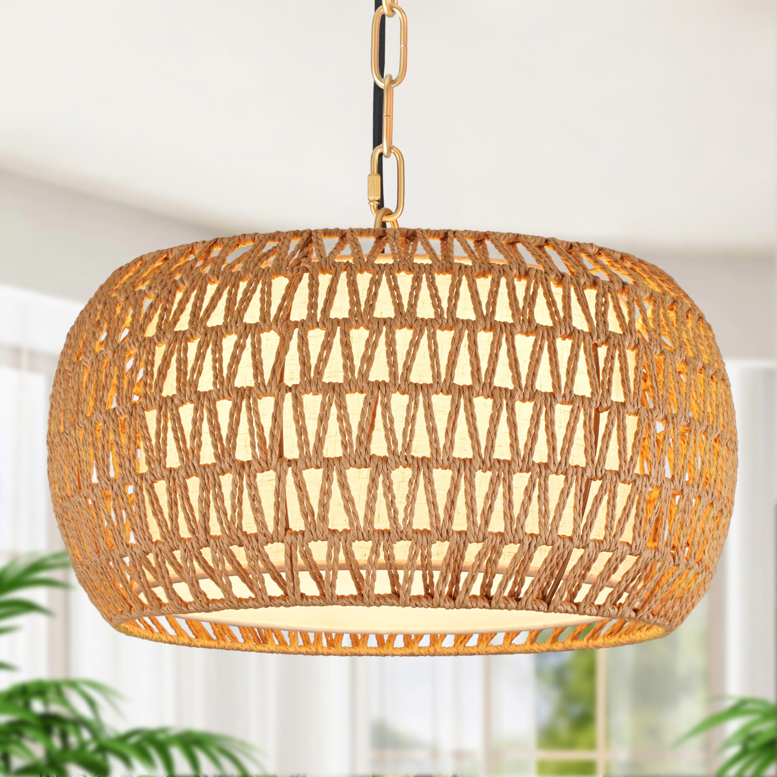18" Rattan Farmhouse Chandeliers for Dining Room,3-Light Hand-Woven Rattan Chandelier,Fabric Shade Boho Chandelier Pendant Light fixture Drum Chandelier Hanging Lights for Bedroom Kitchen Island