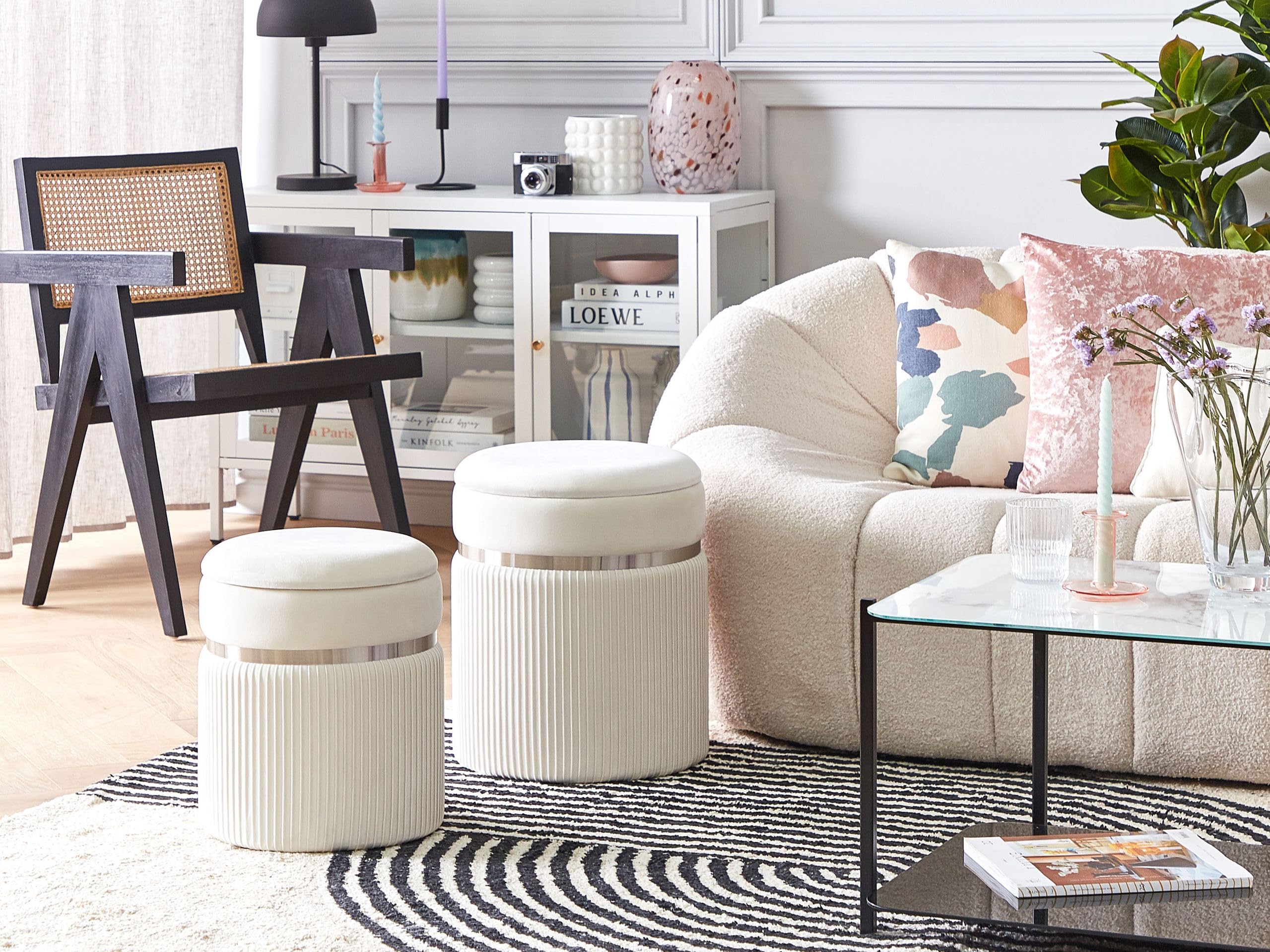 Pouf mit Stauraum rund Samtstoff weiß 2er Set Sitzhocker Glamour Camdenton