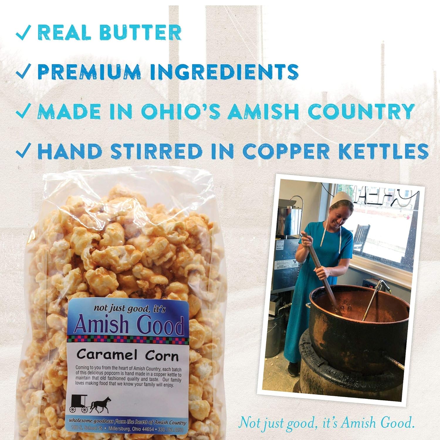 Amish Good Premium Caramel Popcorn Real Butter and Coconut Oil in Large 16 Ounce Bag (Pack of 2)