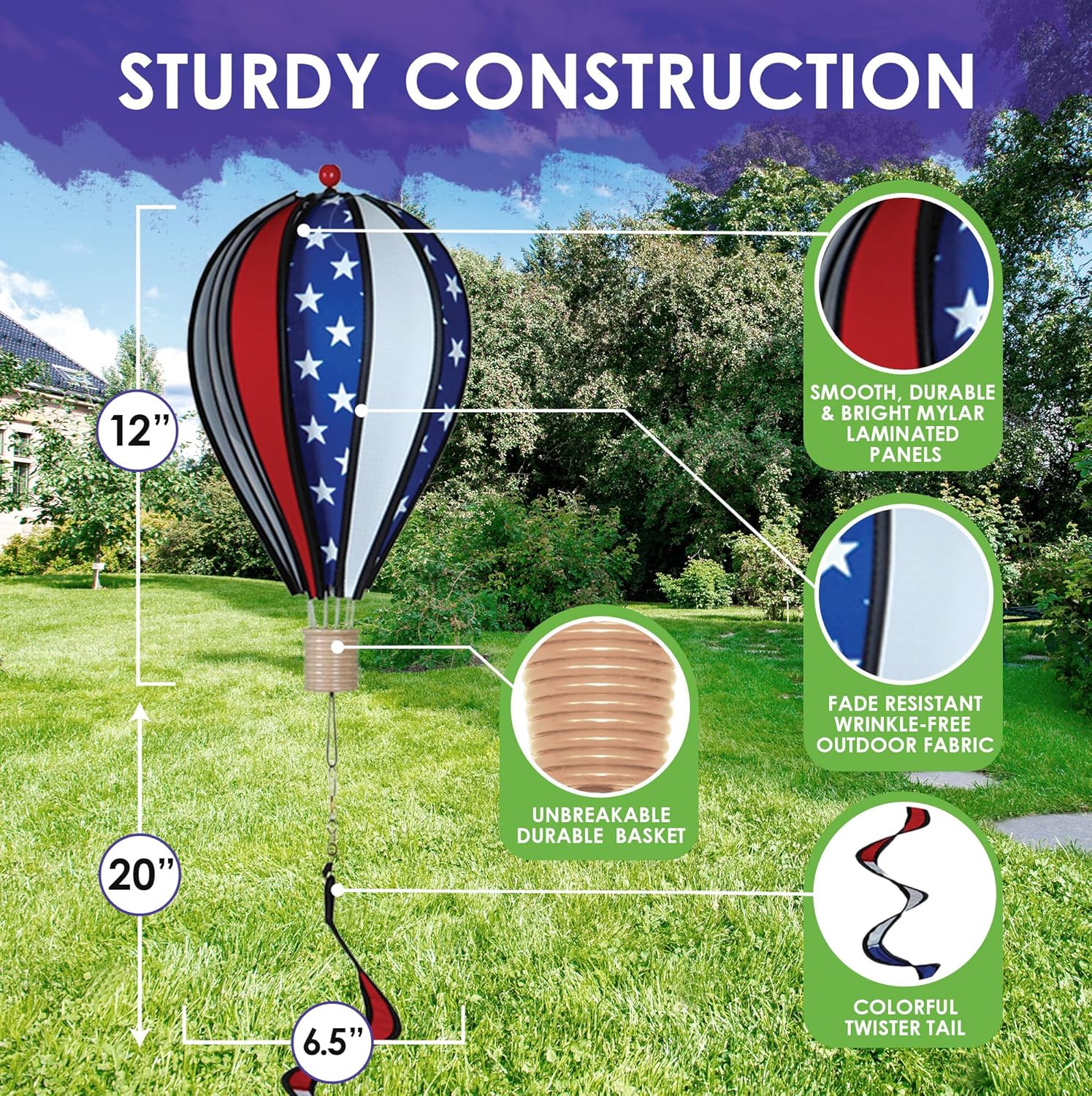 Hot Air Balloon Hanging Garden Spinner 12" - Vibrant Star Pattern Design, Weather-Resistant Outdoor Decor, Durable & Lightweight for Patios, Yards, and Gardens - Eye-Catching Wind Spinner