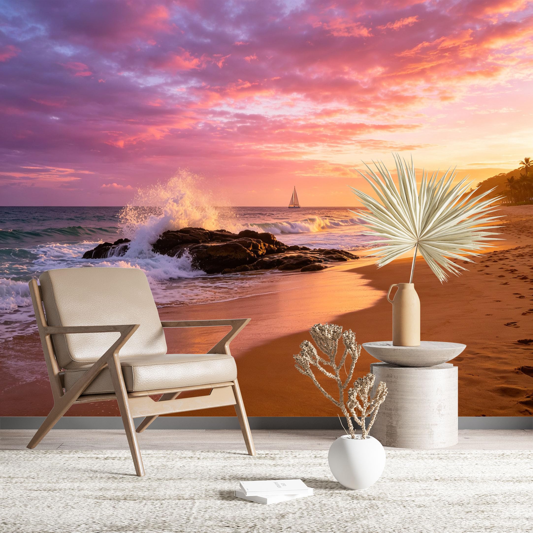 Custom Size Wall Murals Pink Sunset Beach Waves Wall Murals Ocean Wallpaper HD Self-Adhesive Removable Wallpaper for Living Room Bedroom