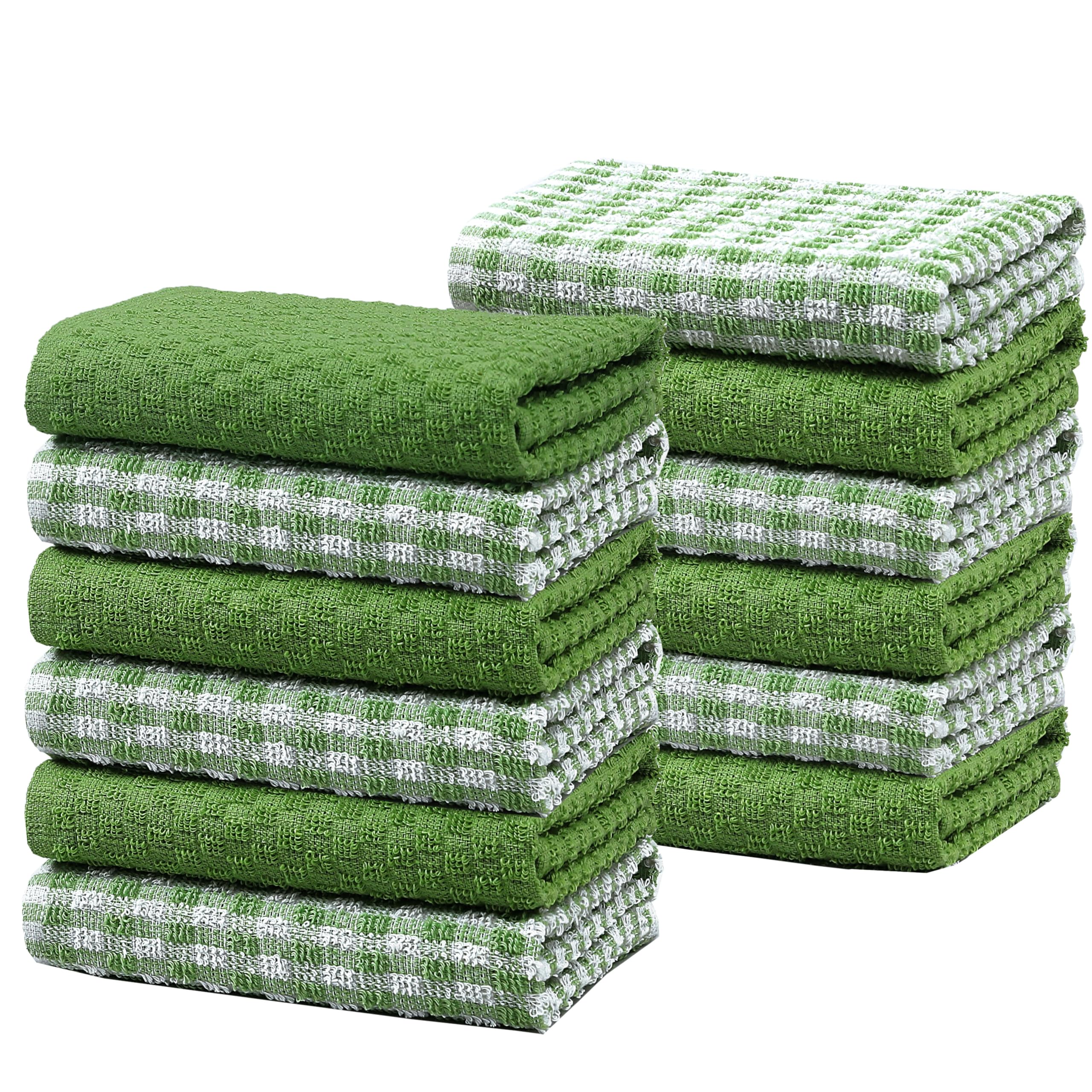Olivia Rocco 100% Cotton Ascot Check Terry Tea Towels for Kitchen Pack of 12 Super Absorbent Dish Cloth Towel for Drying & Cleaning Household Essentials, Sage Green- 12 PK