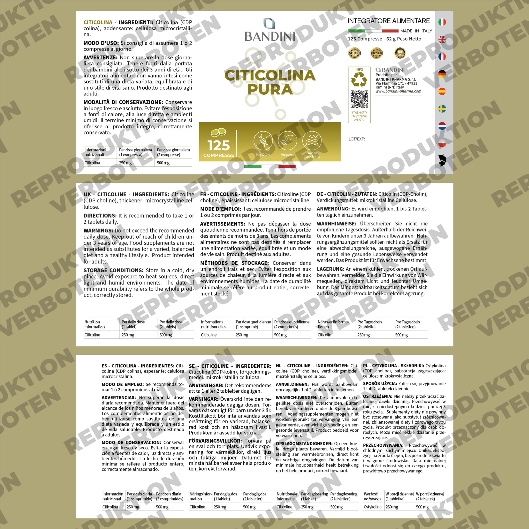 Bandini® Citicolin CDP Cholin 500mg - 125 Tabletten – Hochdosiert | Für normale Zellfunktionen & aktiven Lebensstil - volle 500mg Citicoline/CDP-Cholin je Tagesdosis - Ohne Zusatzstoffe - Vegan