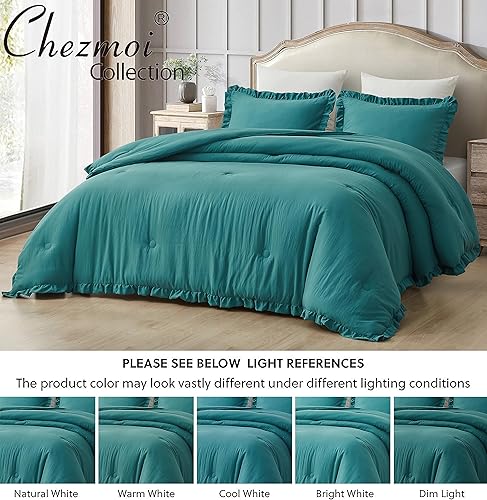 Miniatura 4 de Chezmoi Collection Nora - Juego de edredón de 3 piezas, color verde azulado, esponjoso, suave, ligero, con borde con volantes, microfibra lavada a