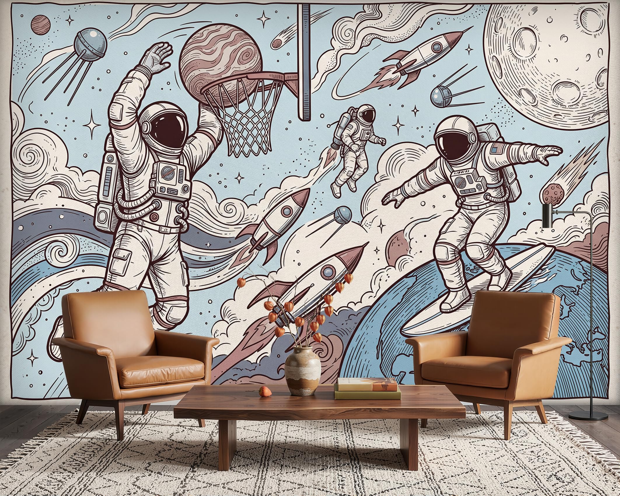 PaxGloz Vintage Astronaut Space Wall Mural, Planets and Moon Teenager Room Wallpaper for Living Room & Bedroom, Non-Woven Decorative Wall Art 350x256 cm