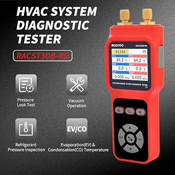 2-Port Digital Manifold Tester Gauge for HVAC Diagnostic Equipment | with 2 Thermometer Clamps and 2 Hoses for Air Conditioner Performance Testing