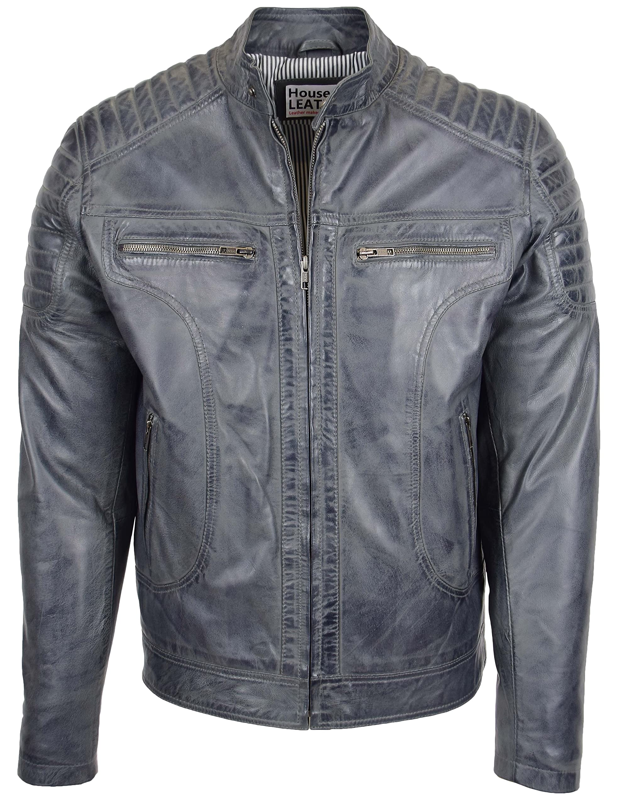 House of Leather Men's Biker Jacket - Cafe Racer Style - Grey - S