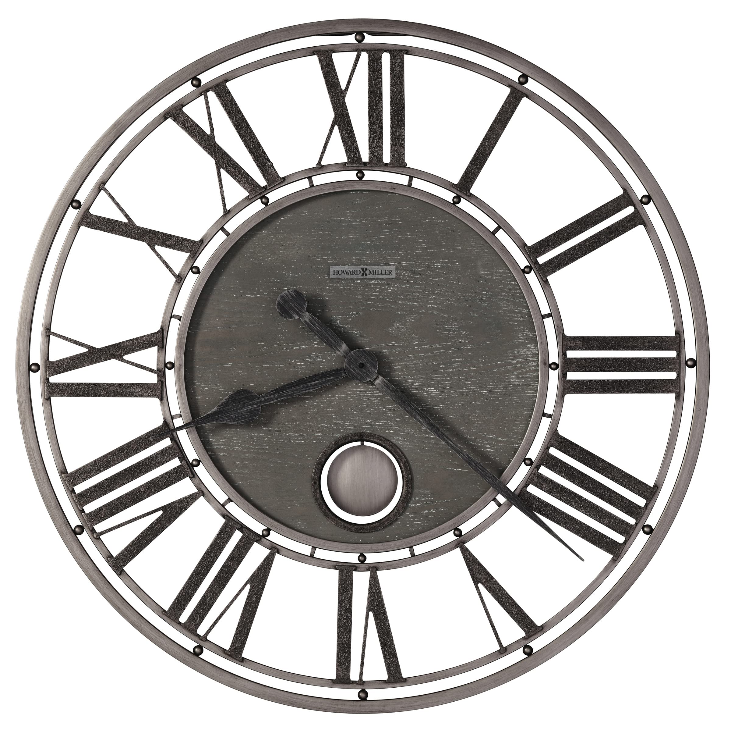 Howard Miller Marius Gallery Wall Clock 625-707 – Wrought Iron Finished in Aged Silver, Open Frame Design, Aged Silver Pendulum, Modern Home Décor, Quartz Movement