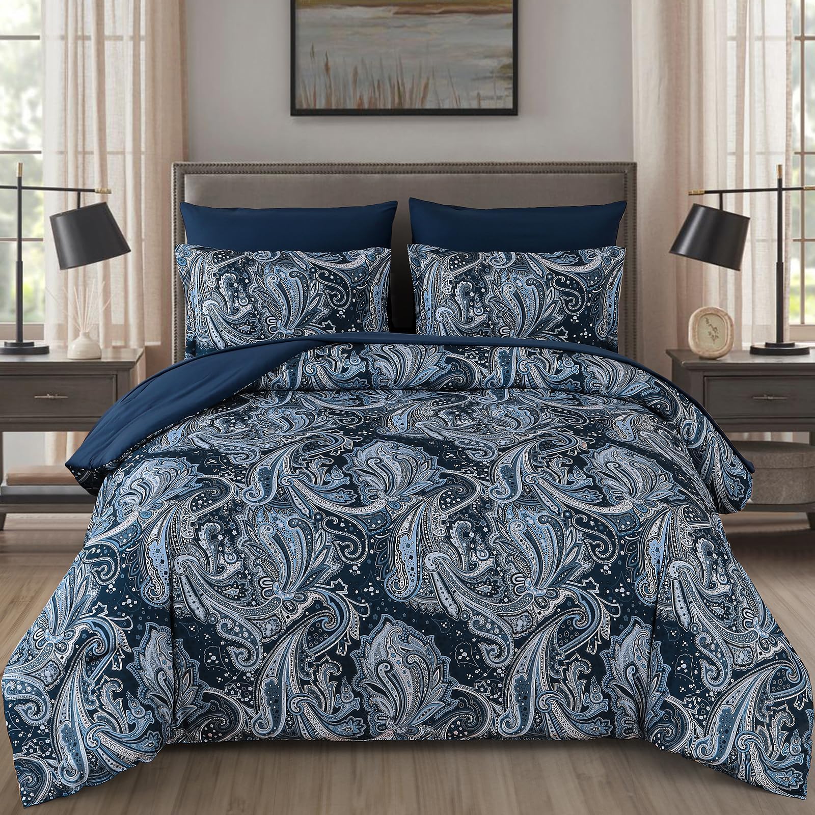 DJY Navy Paisley Comforter Set Queen Size 7 Piece Bed in a Bag Boho Paisley Pattern Comforter Set Soft Lightweight Microfiber Blue Reversible Bedding Set for All Season (90''x90'')