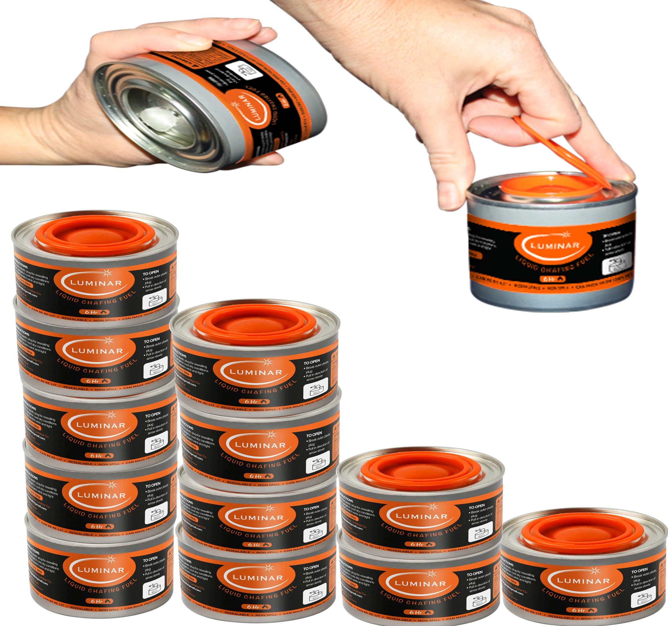 Resealable-Wick Chafing Fuel Cans, 12 Pack, 6 Hour - Premium Quality Burners for Food Warmers - No More Spills, Waste, or Hassle - Perfect for Convenient, and Long-Lasting Event Catering