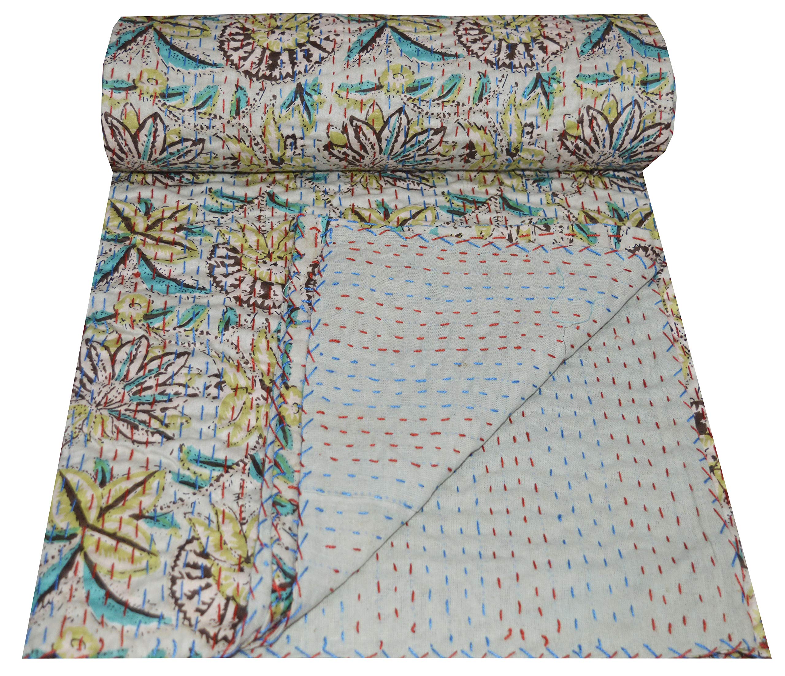 V Vedant Designs Indian Handmade Twin Cotton Kantha Quilt Throw Blanket Gudari Vintage Throw Bedspread (Floral)