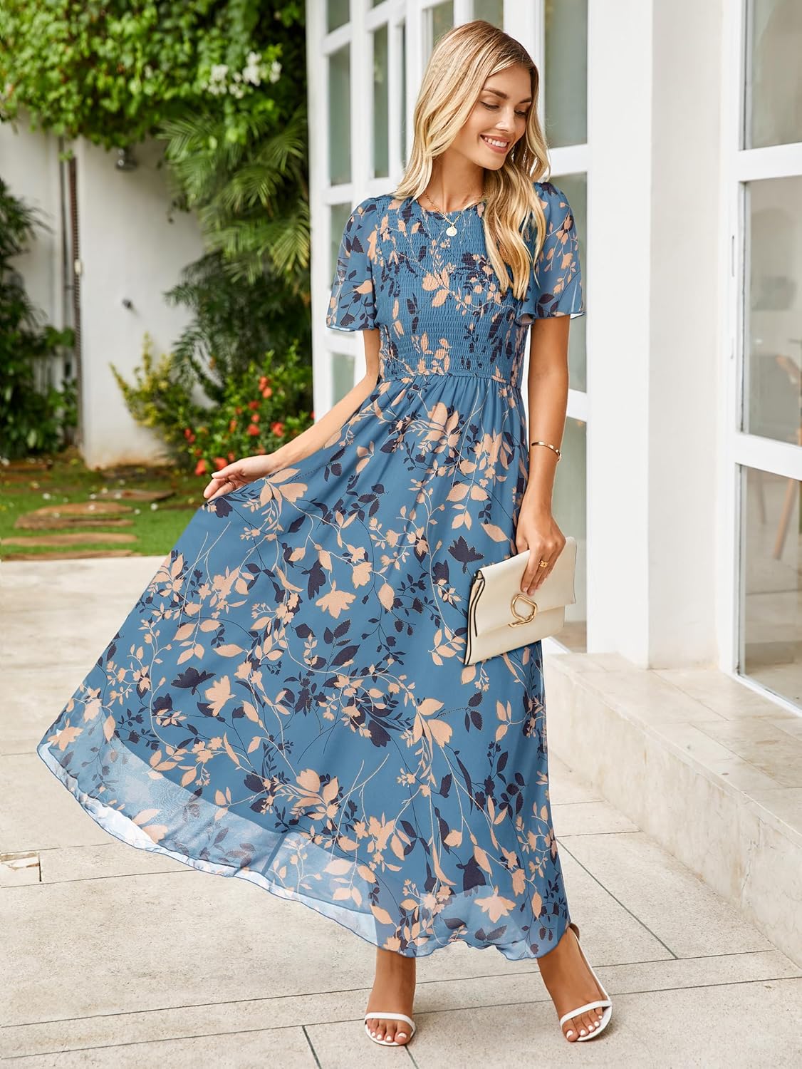 Simplee Womens Summer Floral Summer Maxi Dresses Boho Flowy Flutter Short Sleeve Crew Neck Vacation Smocked Chiffon Dress - Image 3