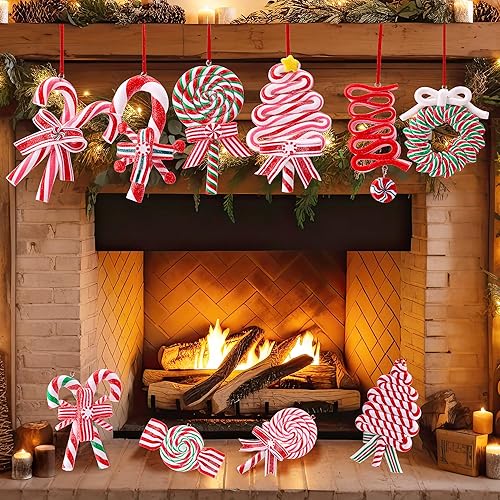 Miniatura 8 de JOIEDOMI 12 Piezas Adornos de Bastón de Caramelo de Navidad con Coronas, Paletas, Árboles de Navidad y Diseños de Bastones de Caramelo, Adornos para