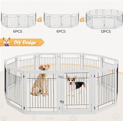 Miniatura 8 de Yaheetech Puerta extra ancha para mascotas de 148 pulgadas con puerta independiente, 6 paneles de madera para perros, para puertas, valla plegable