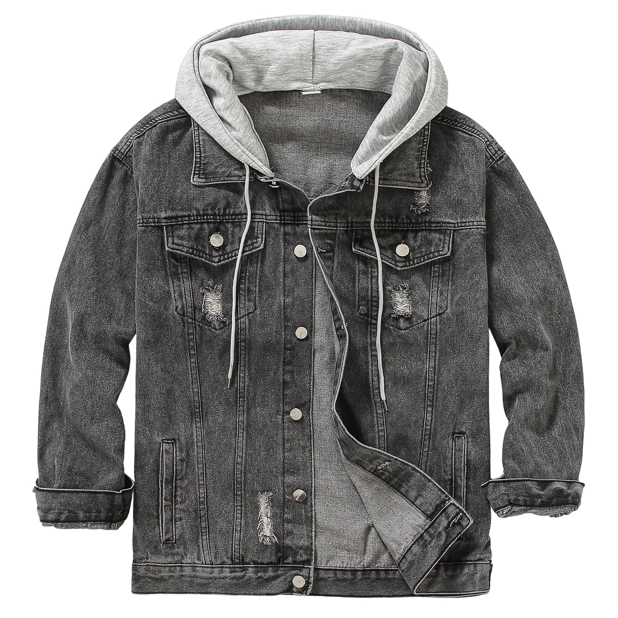 DOSLAVIDA Men's Distressed Denim Jacket Unisex Button Down Jean Coat Casual Long Sleeve Trucker Hooded Jackets Outwear