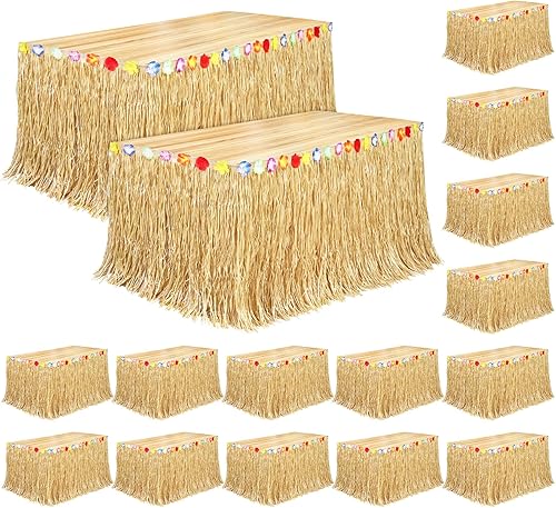 Miniatura 23 de Fovths Paquete de 4 faldas de mesa de hierba Luau natural de 9 pies x 29.5 pulgadas, falda de mesa hawaiana para decoraciones tropicales hawaianas