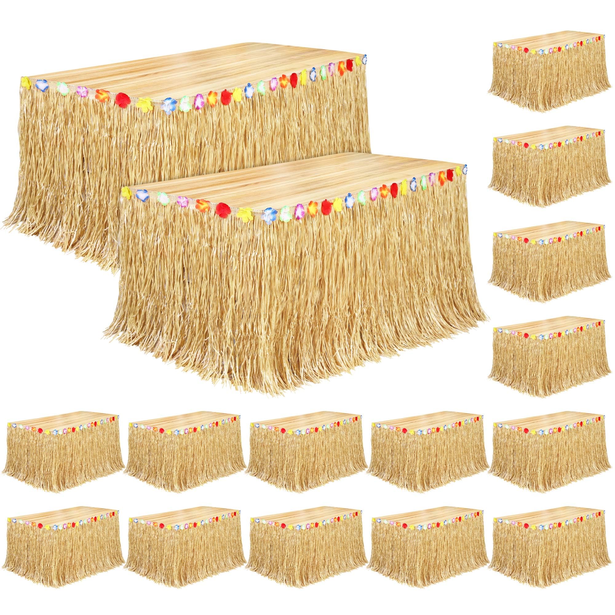 Photo 1 of Fovths 16 Pack Luau Grass Table Skirt Natural 9 Feet x 29.5 Inch Hawaiian Table Skirt for Tropical Hawaiian Party Decorations Luau Party Costume Party, Straw Yellow