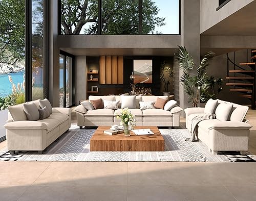 Miniatura 26 de Juego de sofá y sofá cama, asiento modular de chenilla extragrande y sofá de 3 plazas con almohadas, juego de muebles de sofá seccional moderno de