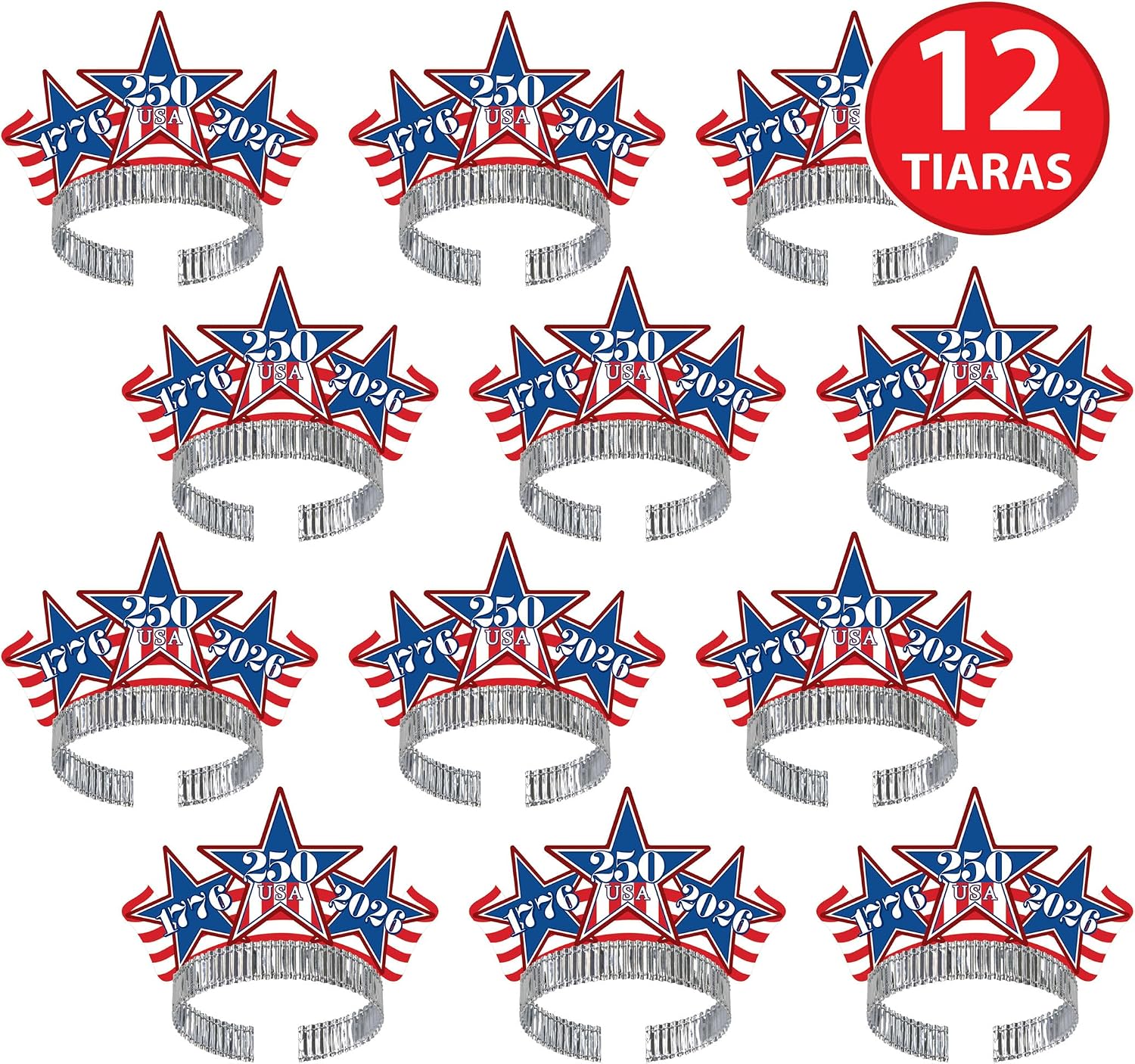 Beistle Semiquincentennial Tiaras – 12 Pack, 1776–2026 USA Patriotic Party Crowns with Red, White & Blue Star Design, Printed Cardstock Attached to Silver Snap-On Headbands, Accessories for July 4th