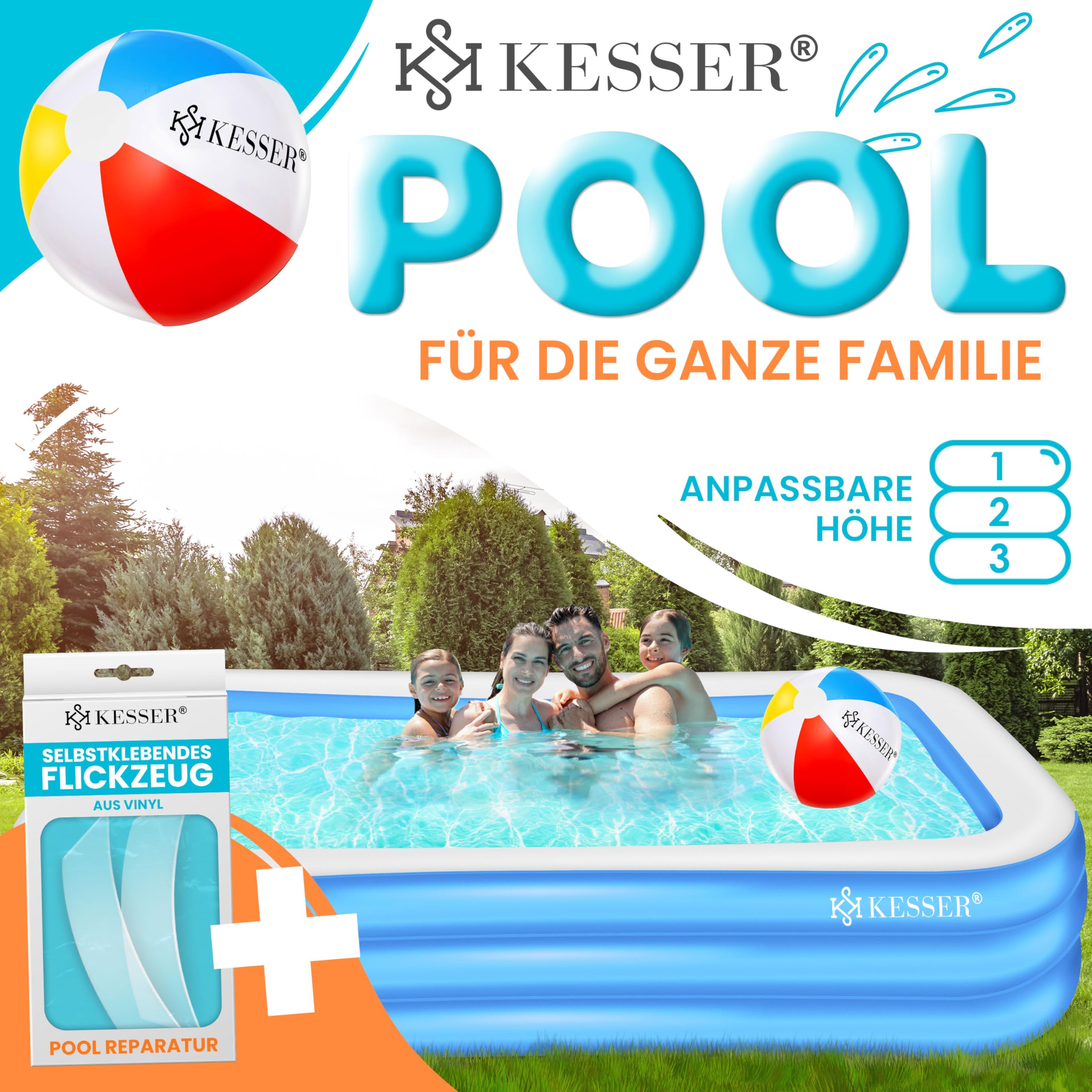 KESSER® Piscine Gonflable Familiale pour Enfants et Adultes, Rectangulaire Bleu Clair, 240x142x56 cm, 613 litres, Adaptée aux Enfants, Trous de Drainage