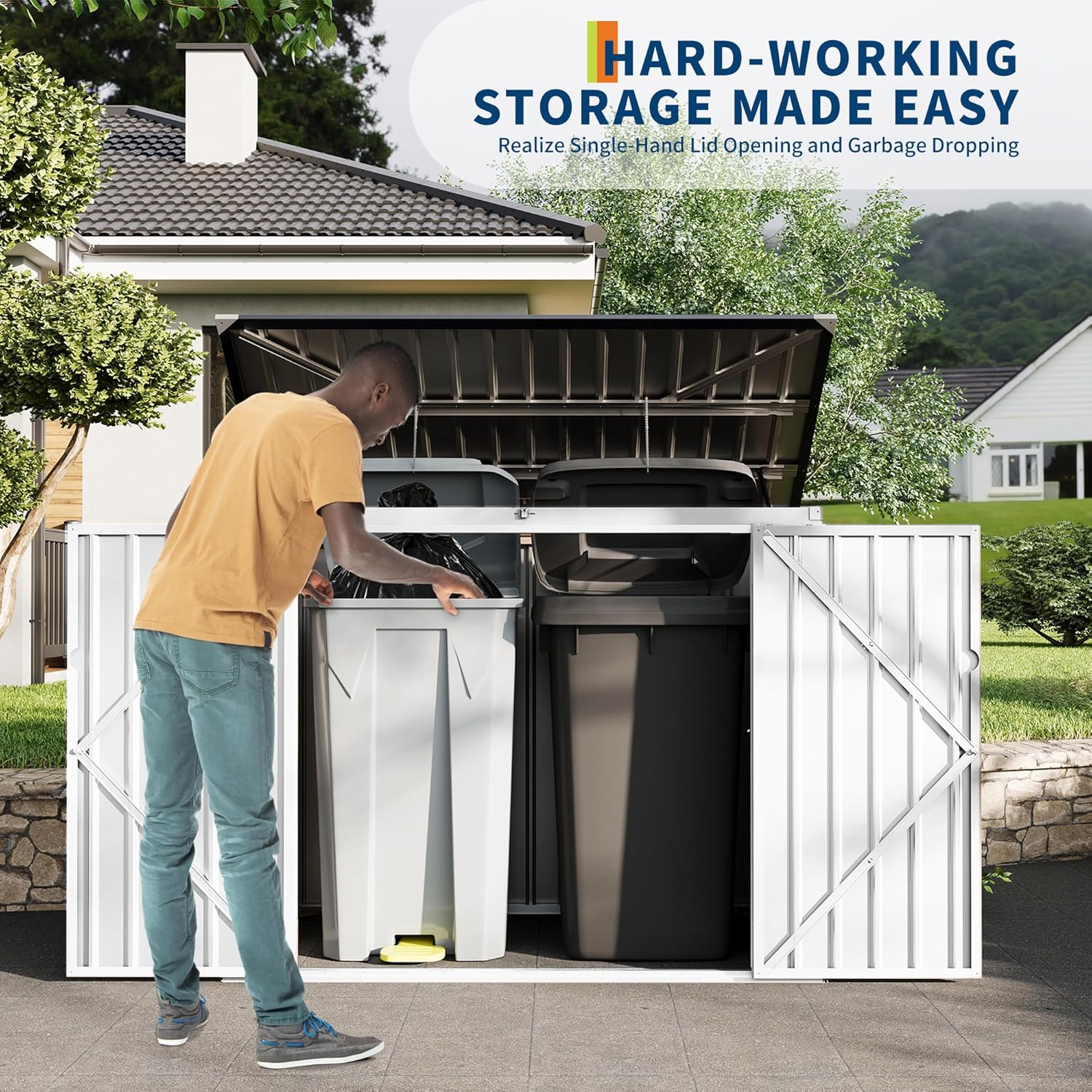 Garvee 2 Trash Cans Metal Outdoor Storage, 3x6 FT Garbage Bin Storage Shed with Chain Lid