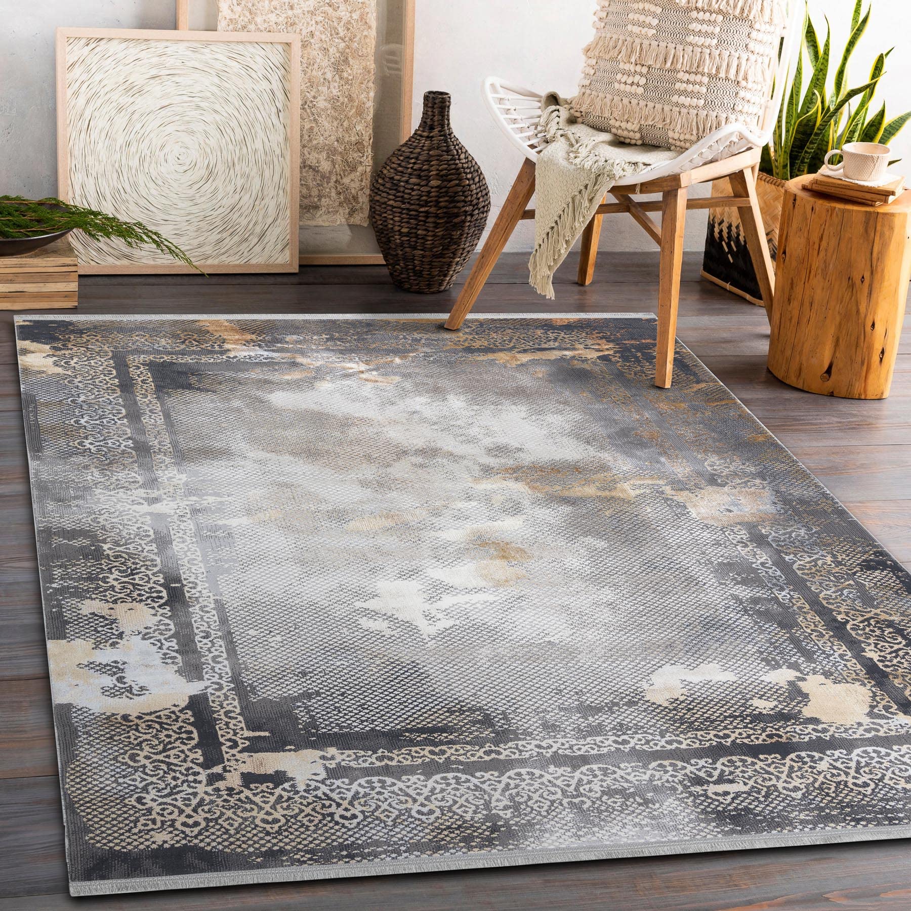 rugsx Tapis Moderne Luce Tapis Chambre, Tapis de Salon, Tapis Artistique, Chambre Ado, Cadre Vintage - Tapis structuré Gris/Moutarde 77x150 cm