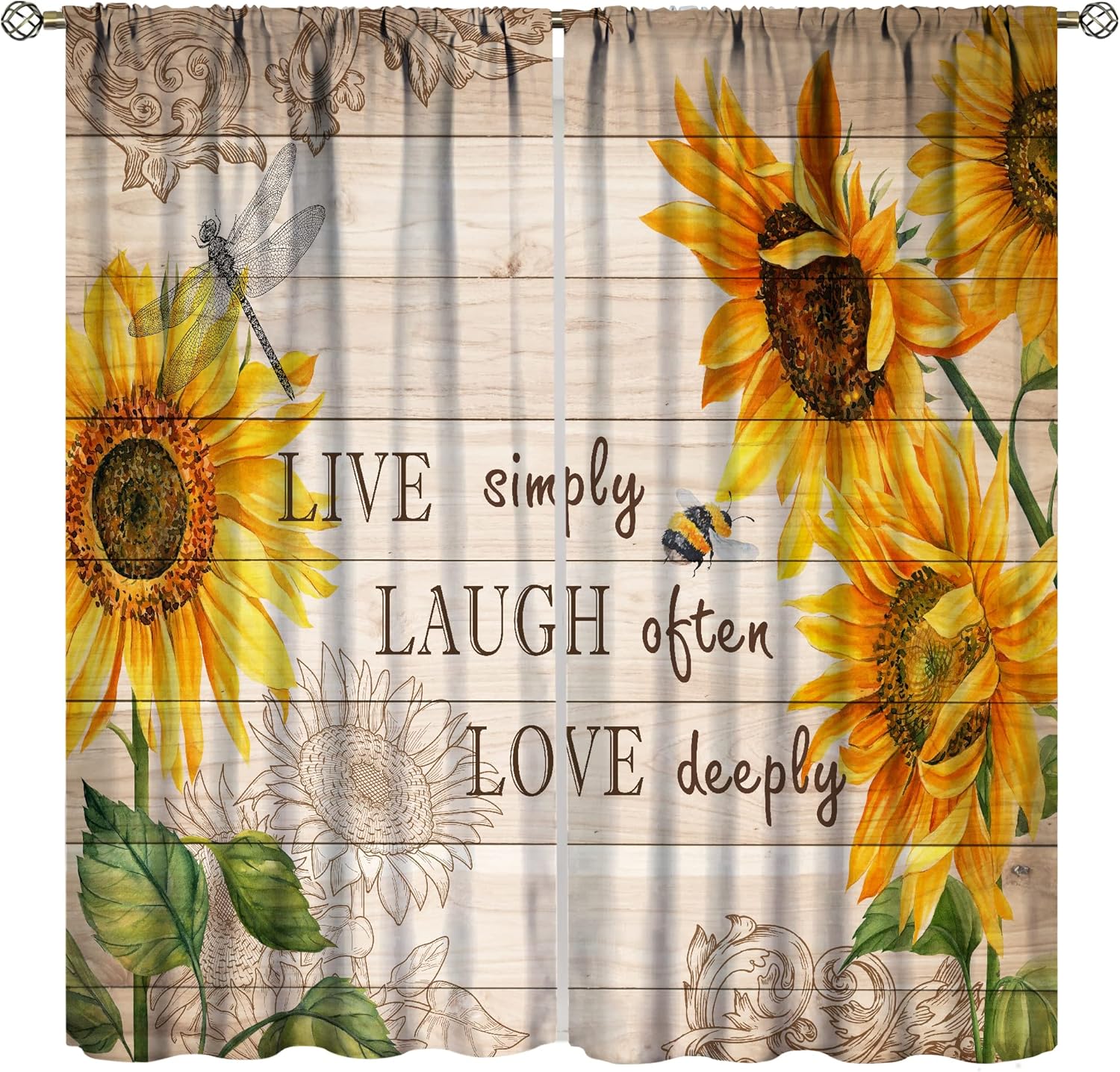 Vintage Sunflower Kitchen Curtains Rustic Wood Barn Door Dragonfly Wooden Bedroom