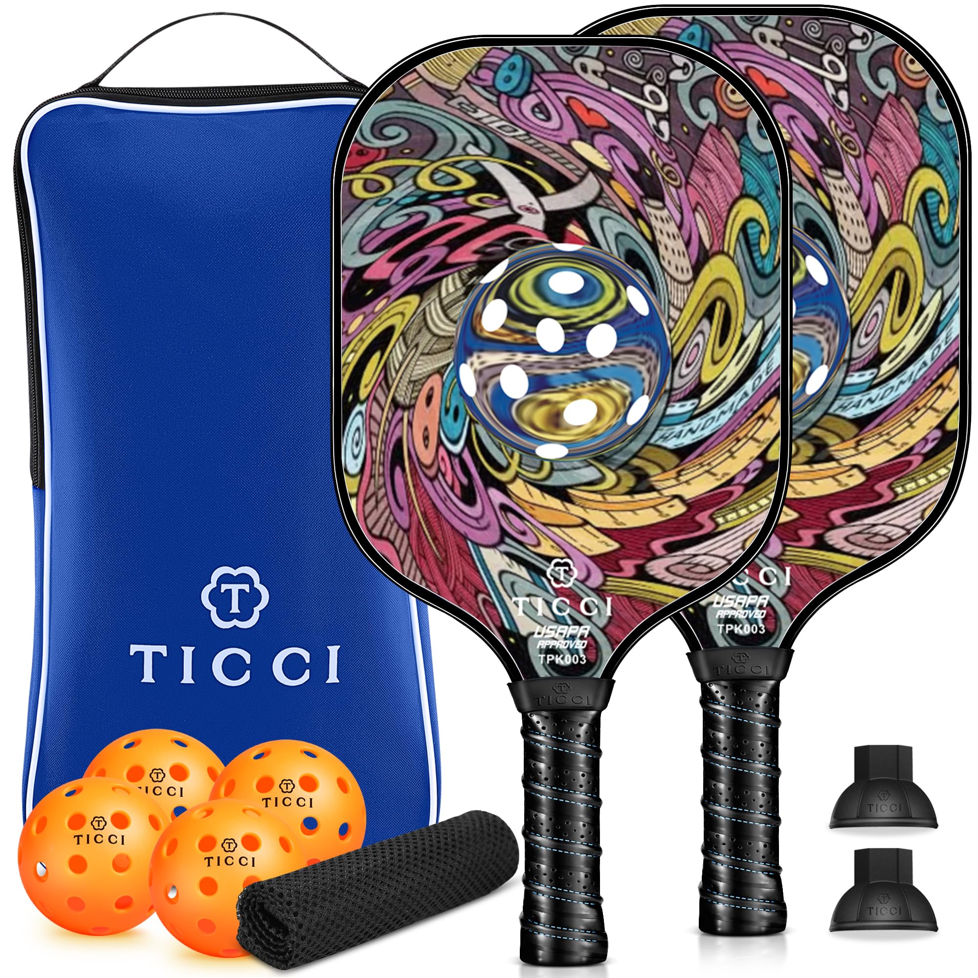 TICCI Pickleball Paddles, USAPA Approved Pickleball Paddles Set, Fiberglass Pickleball Paddle, Pickleballs Retriever, Picklebealls Mesh Bag, Carry Bag, 4 Pickleballs, Pickle Ball Racket for Men Women