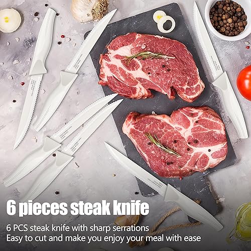 Miniatura 5 de HaWare Juego de cuchillos de cocina de acero inoxidable de 21 piezas, juego de cuchillos de chef blancos con cuchara medidora y rebanadora para el