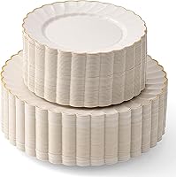 byMadee Heavyweight 100pc Ivory Gold Scalloped Disposable Plates - 50 Dinner & 50 Dessert Plates for Weddings, Parties & Showers
