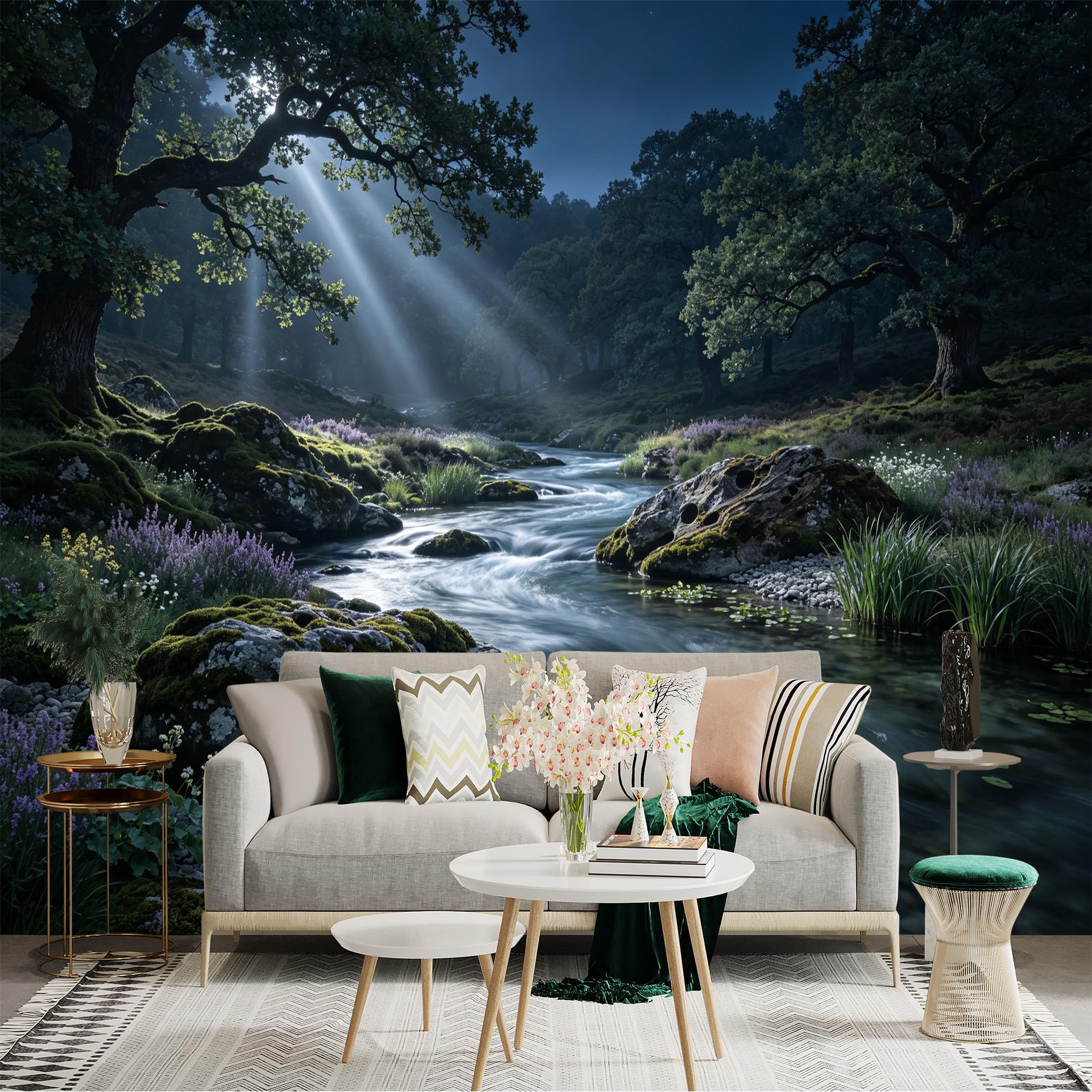 Lnzczhyre Bh260719751 Custom Size Wall Sticker Mural， Enchanted Forest Stream， Sunlit Riverbank， Wild Flowers， Nature Landscape， For Wall Decoration， Peelandstick Wall Decals.