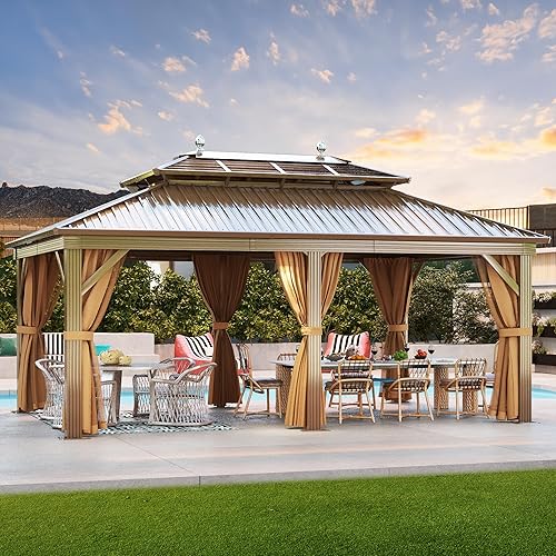 DWVO Gazebo 12x18ft Hardtop Heavy Duty Double Roof Outdoor Upgraded Galvanized w/Nettings Curtains Steel Combined of Horizontal Vertical Stripes Roof for Patio, Backyard, Deck, Lawn (Bronze)