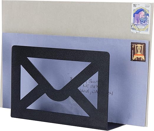 MyGift Black Metal Desktop Mail Holder with Cutout Envelope Design Home and Office Desk Letter Organizer