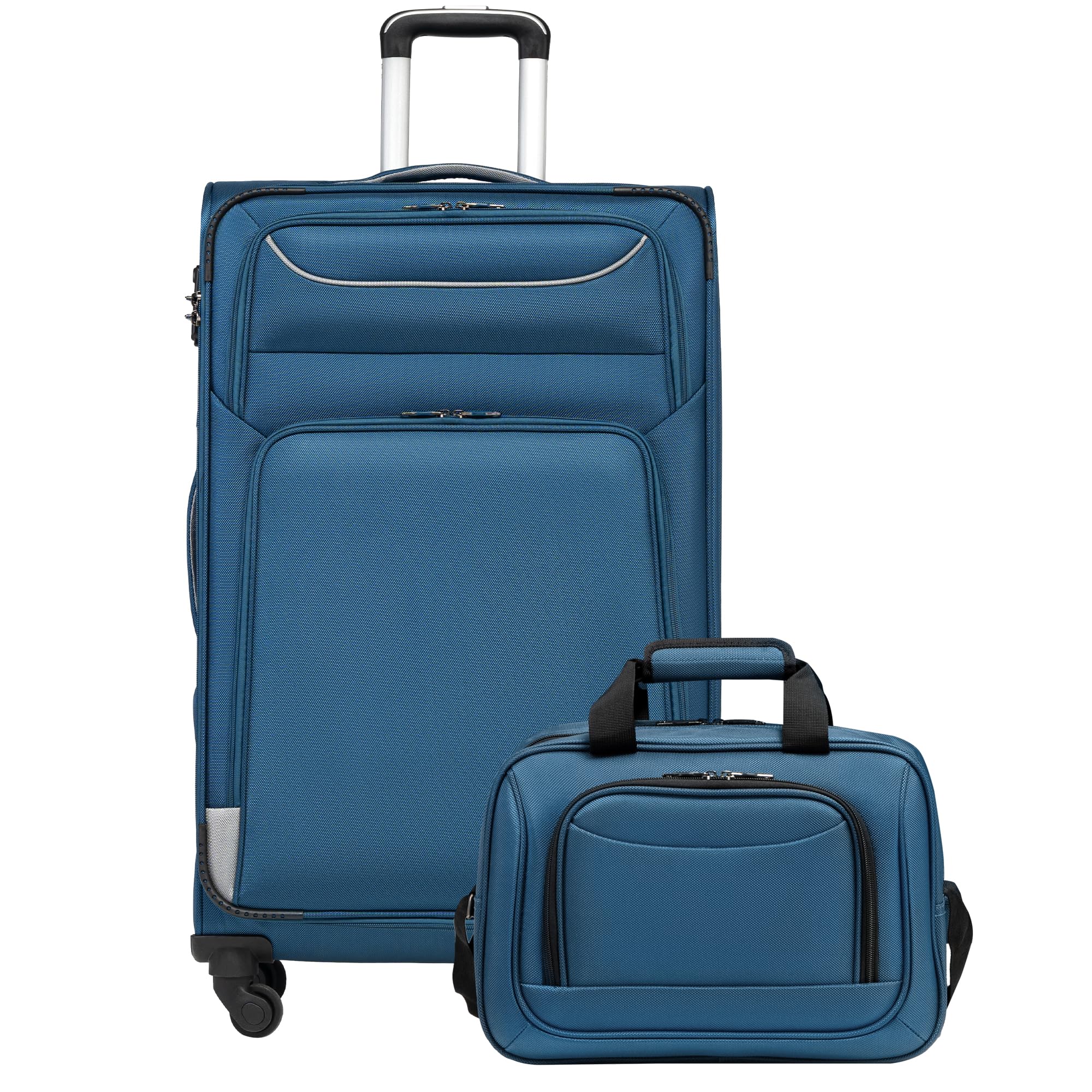 COOLIFE Koffer Trolley Koffer Reisekoffer von 4 Rollen Stoffkoffer Handgepäck TSA-Schloss Der Koffer Enthält 1 Große Umhängetasche (Großer Koffer-Set 2tlg, blau+Silber)